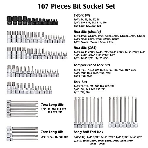 107 Piece Bit Socket Set 1/4 3/8 1/2 Inch Drive Torx Hex SAE Metric S2 Steel