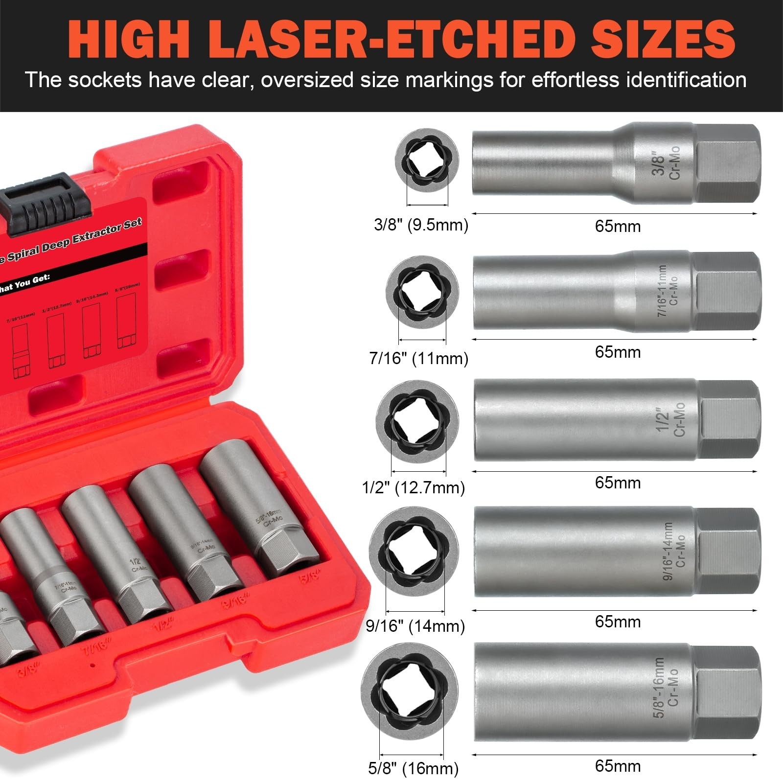 5PCS Deep Bolt Extractor Kit, Easy Out Spark Plug Extractor Socket Set, Ez Out