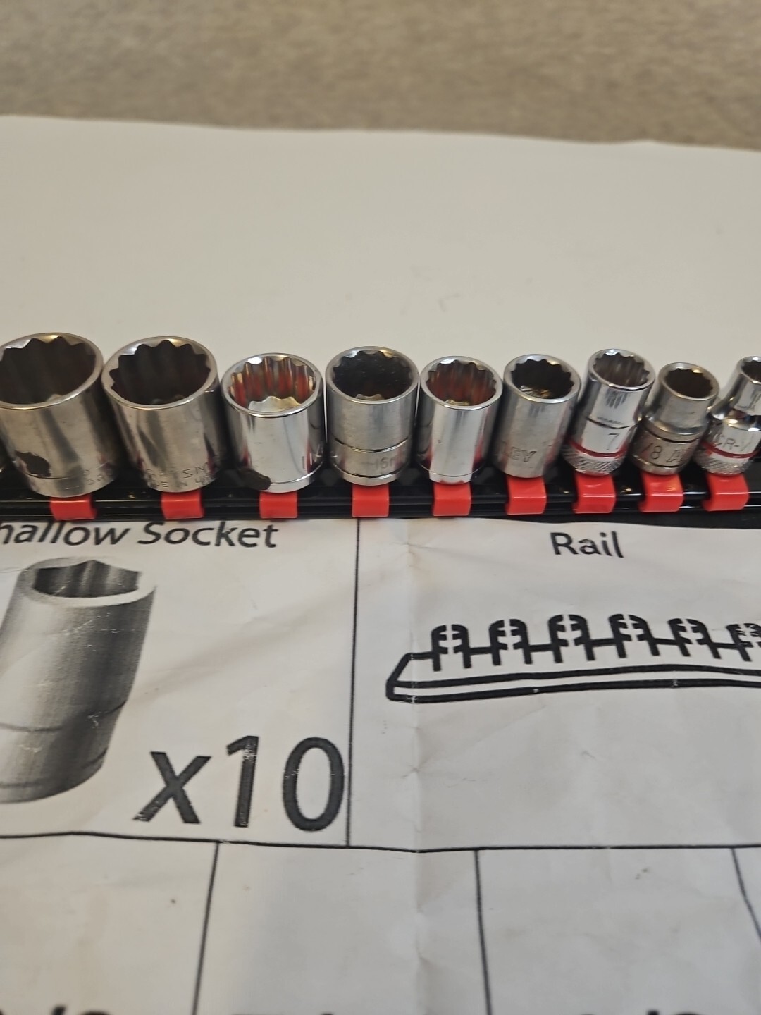 MISC LOT 11 Pieces Socket Set 3/8” Dr 12-Point Shallow 5/16 To 7/8 with Red Rail