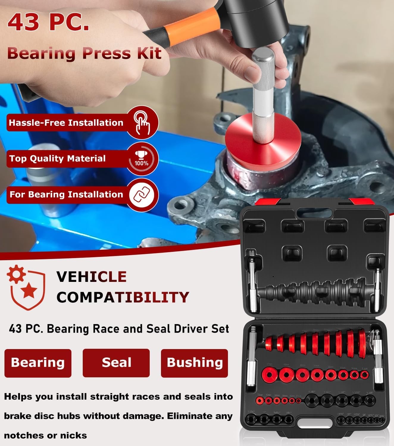43pcs Wheel Bearing Press Kit, Bearing Race & Seal Driver Set for Most Vehicles