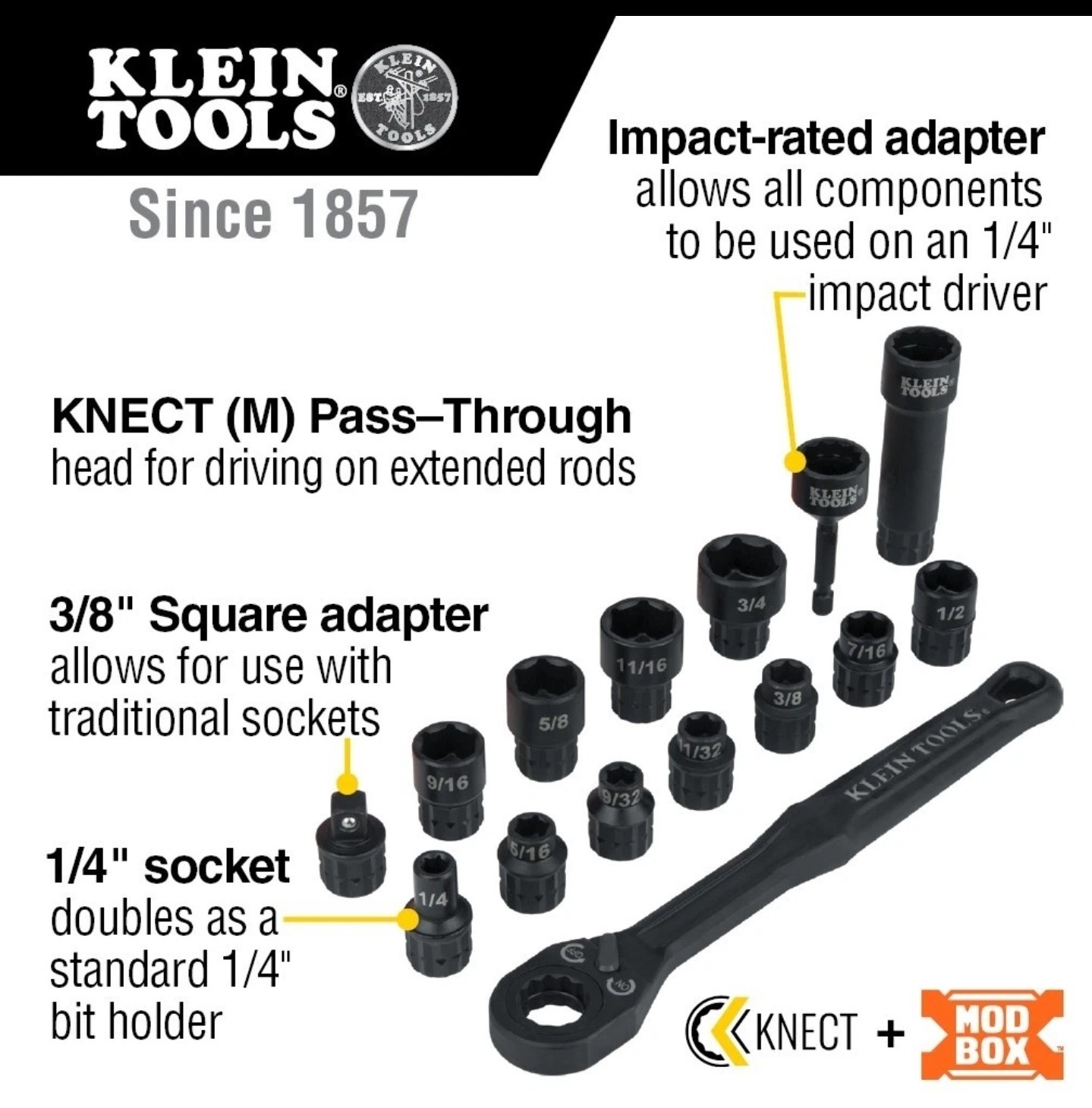 BRAND NEW! 8.5″ Klein Tools Impact Rated Pass Through Socket Wrench Set # 65400
