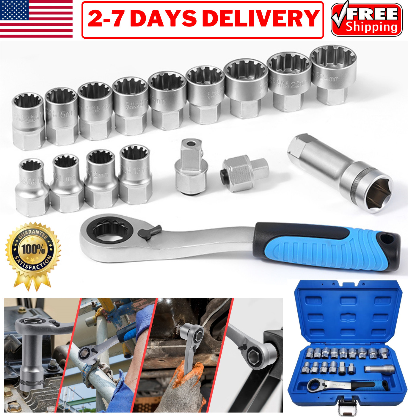 Pass Through Socket Set Go Thru Ratchet Wrench Tool for Hex Square E-Torx Spline