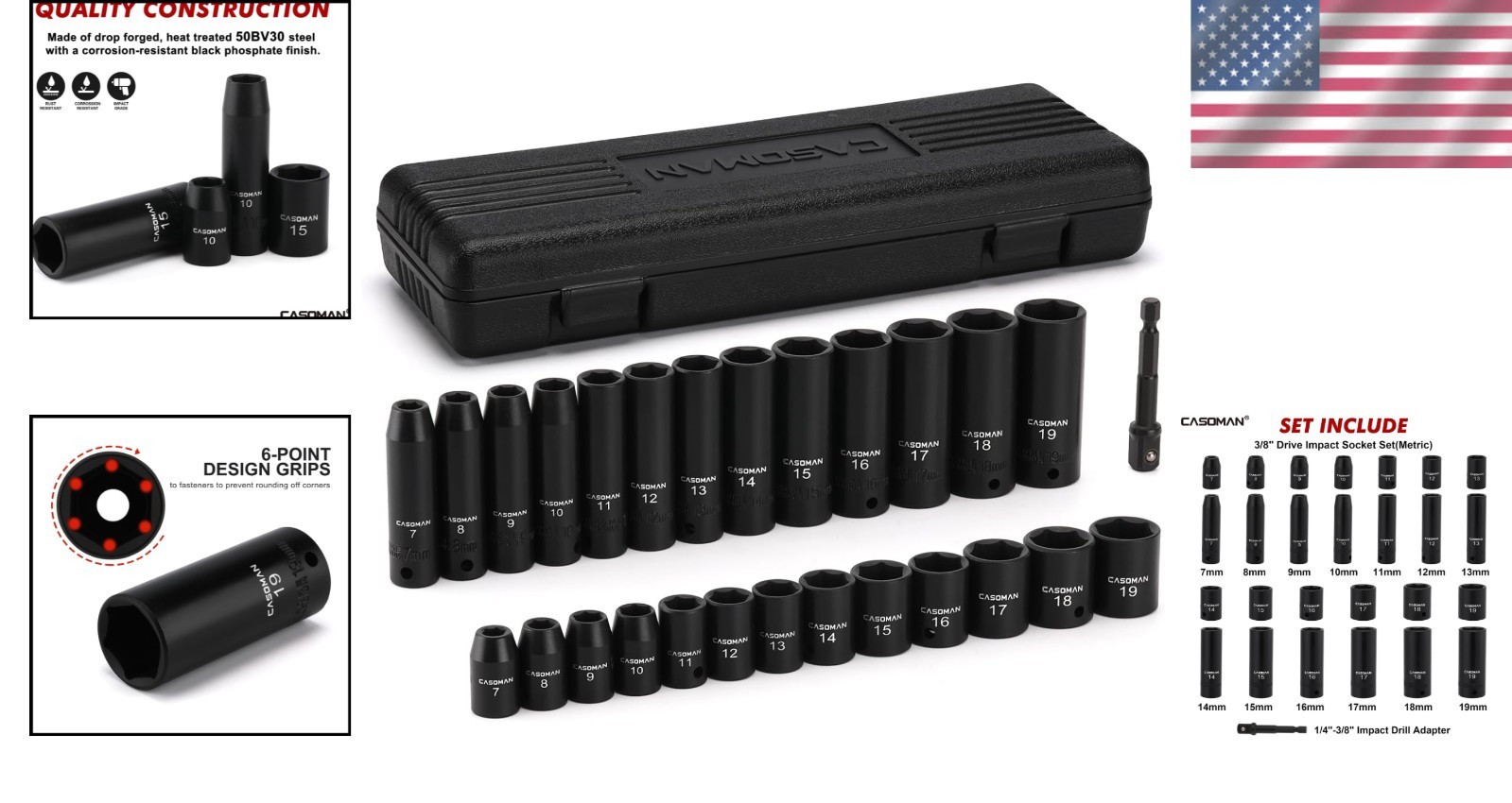 Impact Socket Set 27 Pieces 3/8-Inch Drive Deep Shallow Metric CR-V Steel