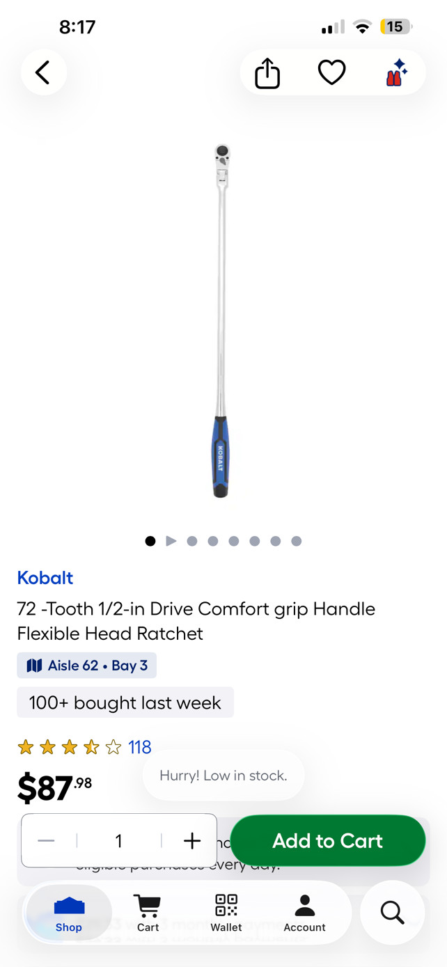 Kobalt 3108328 24.5″ Long Handled 1/2″ Drive Flex Head Ratchet Breaker Bar
