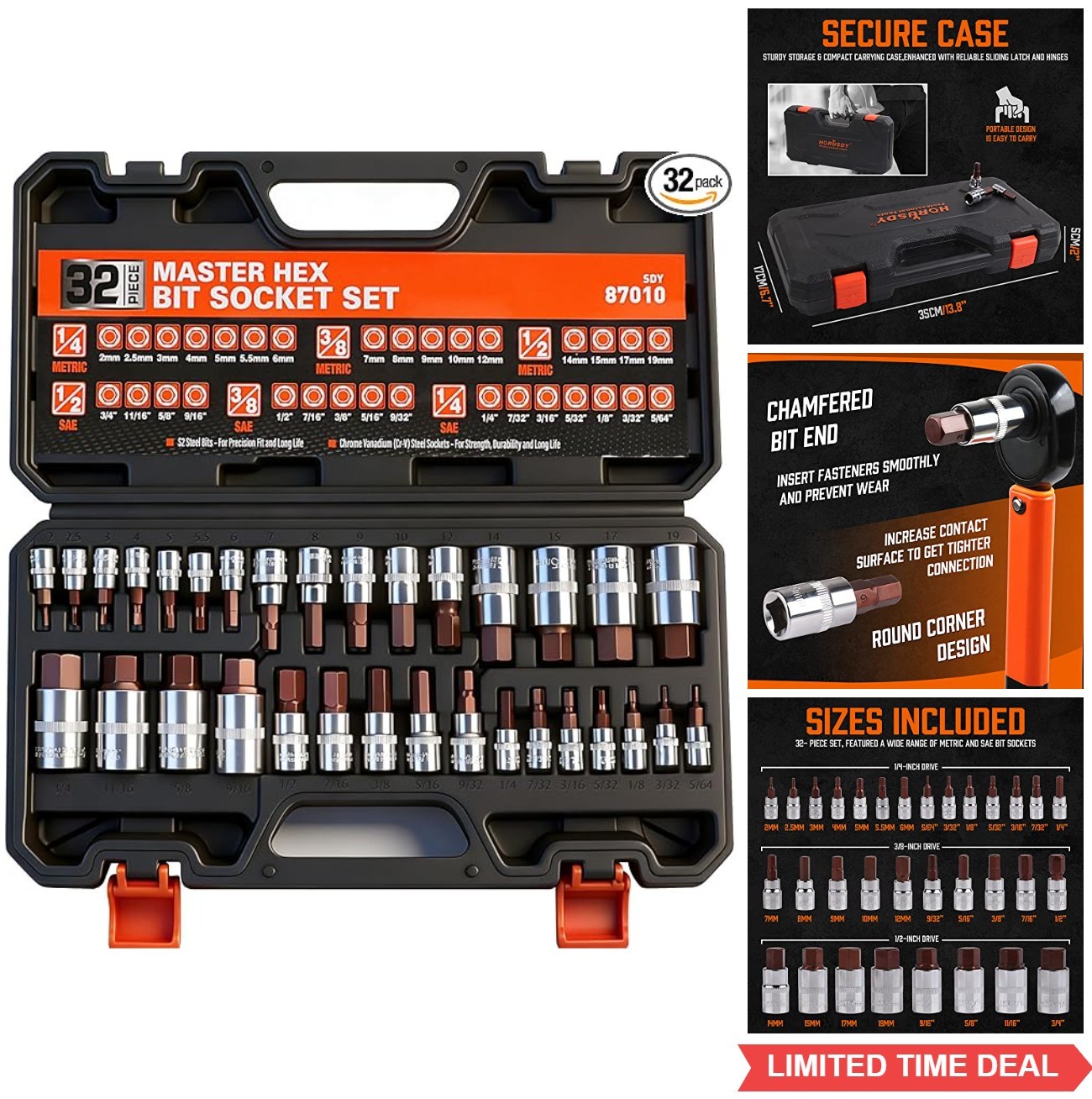 32 Piece Hex Bit Socket Set SAE Metric 1/4 3/8 1/2 Drive High Torque S2 Steel