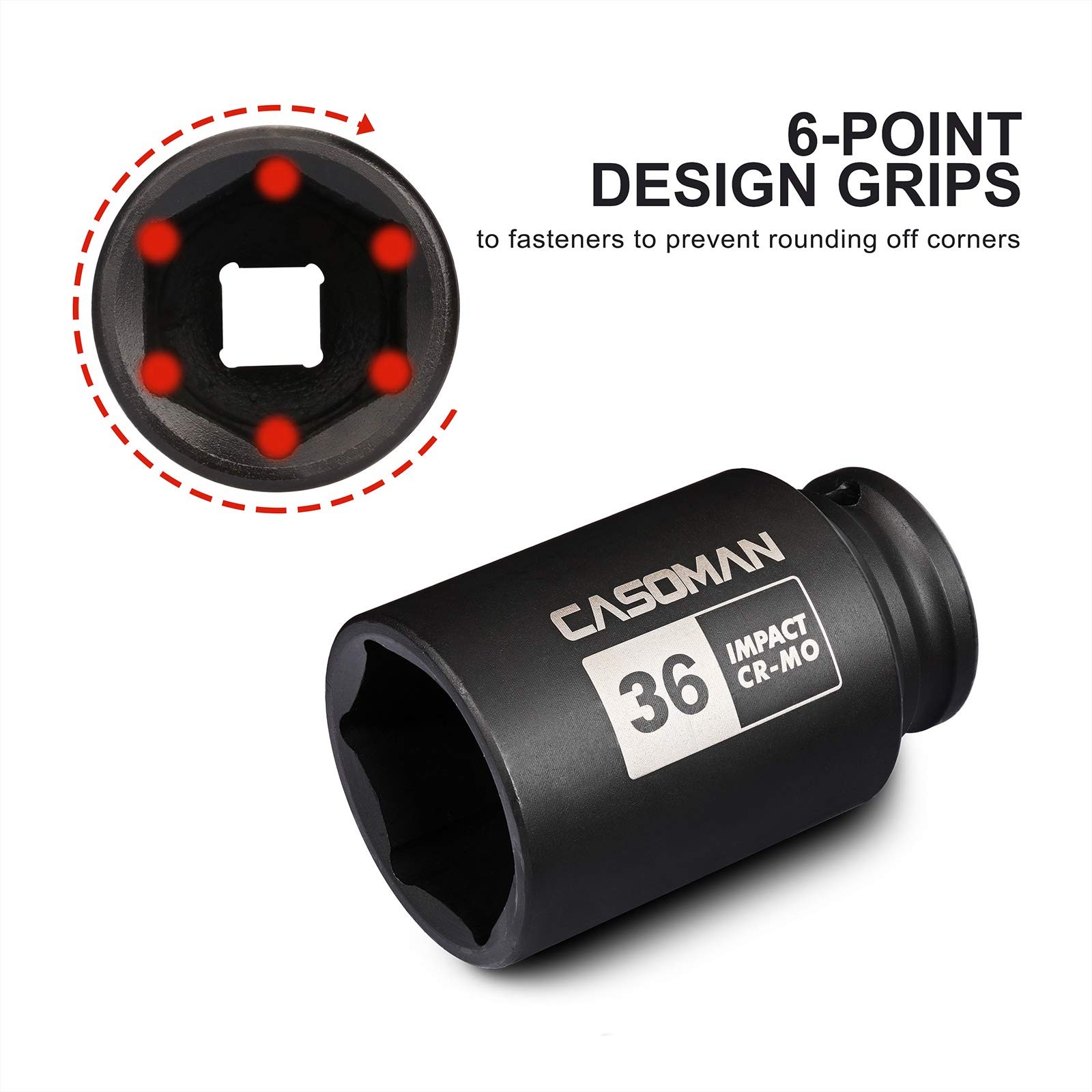 CASOMAN 1/2″ Drive x 36 mm Deep 6 PT Impact Socket, CR-MO, 1/2-inch Drive 6 Poin