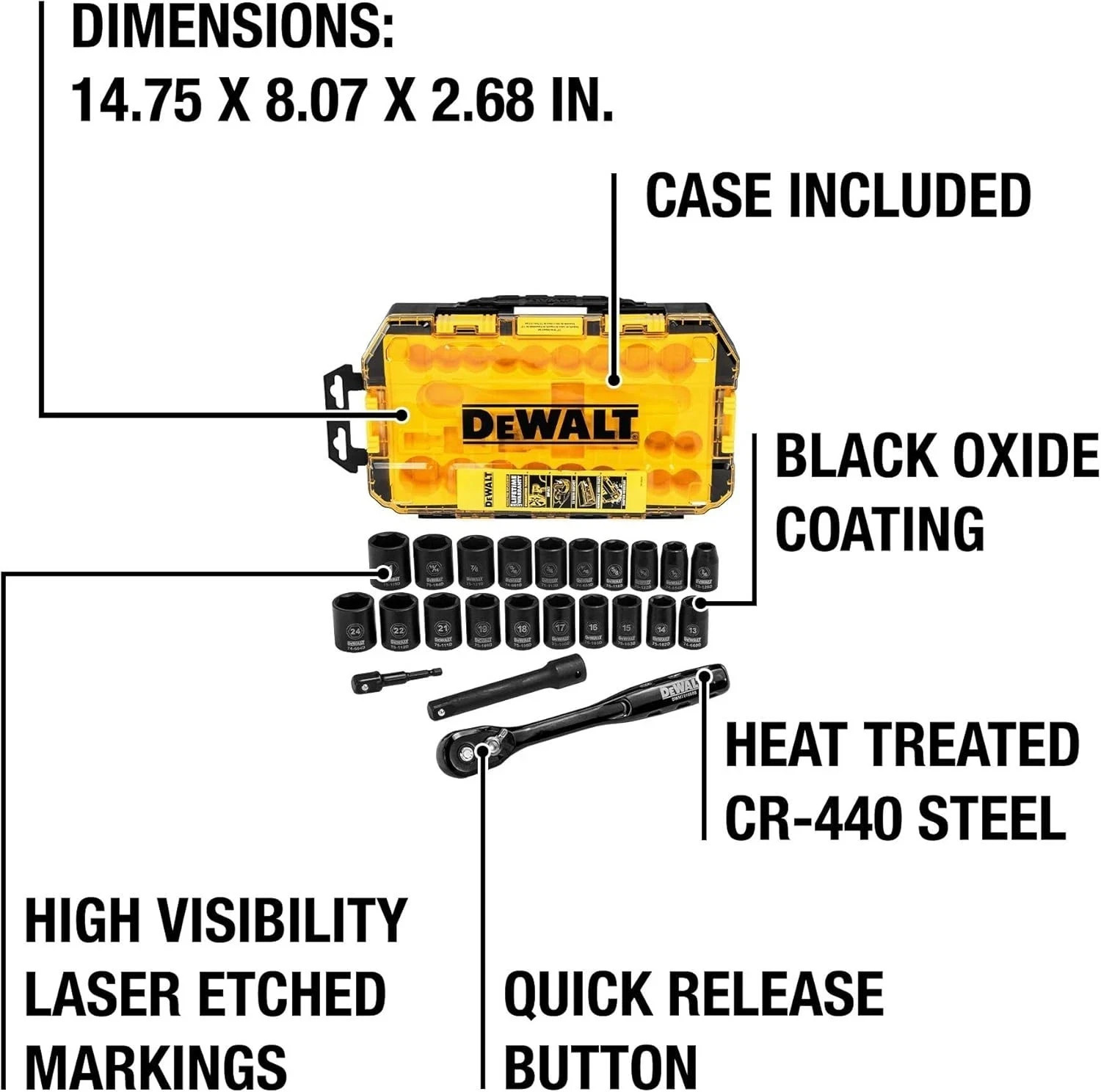 DEWALT 23-Pc Impact Socket Set w/Ratchet 1/2″ Drive Metric & SAE (DWMT74739)