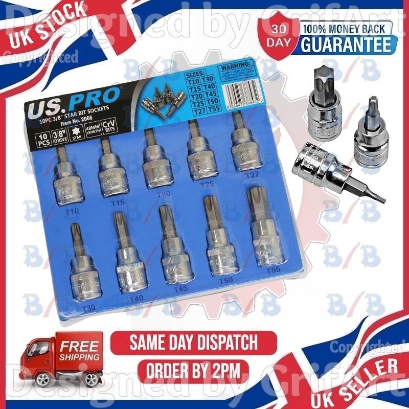 US PRO 10PC STAR BIT SOCKET SET 3/8″ DRIVE TORX RATCHET MALE SQUARE T10 TO T55