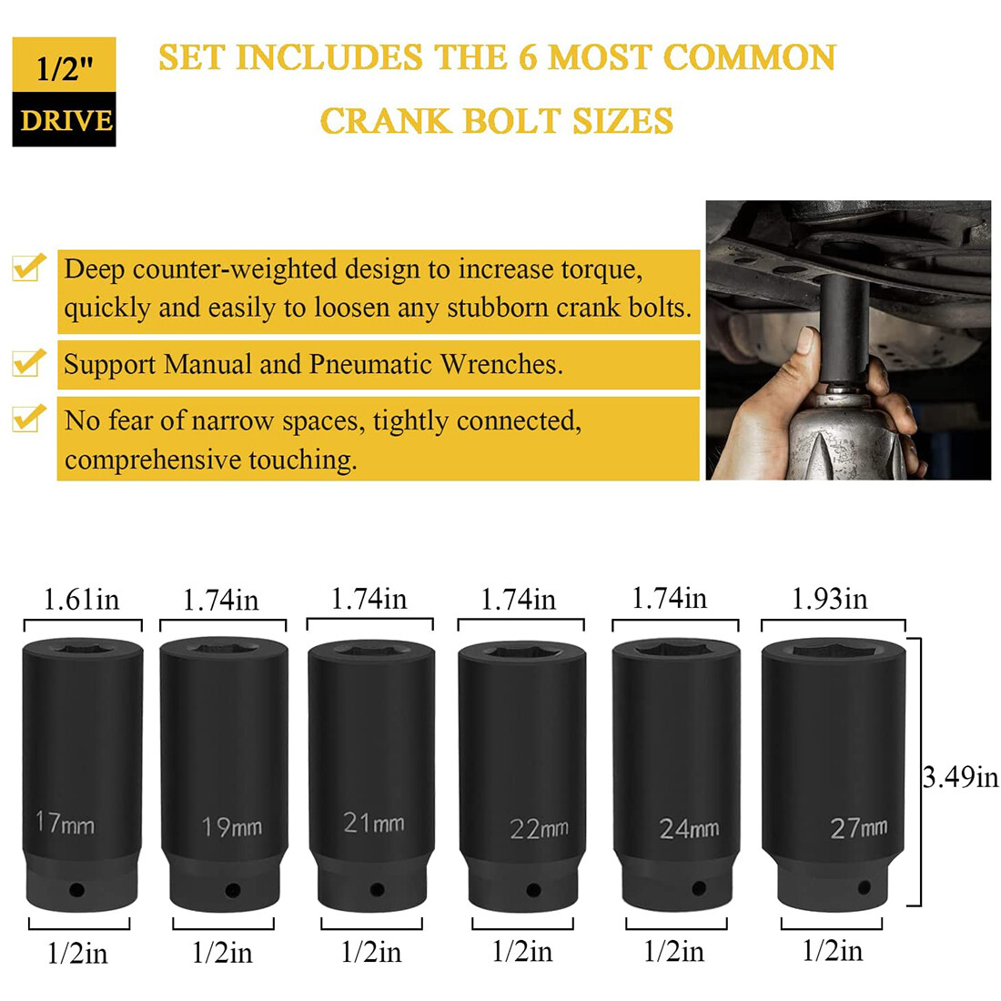 6 Pack Crank Bolt Socket Set 17/19/21/22/24/27mm Harmonic Balancer Impact Socket