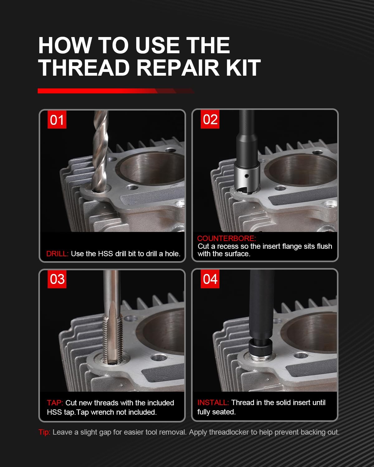 Kolvoii M6x1.0 Thread Repair Kit HSS Drill Bit 304 SS Insert 9.4mm Tool Set