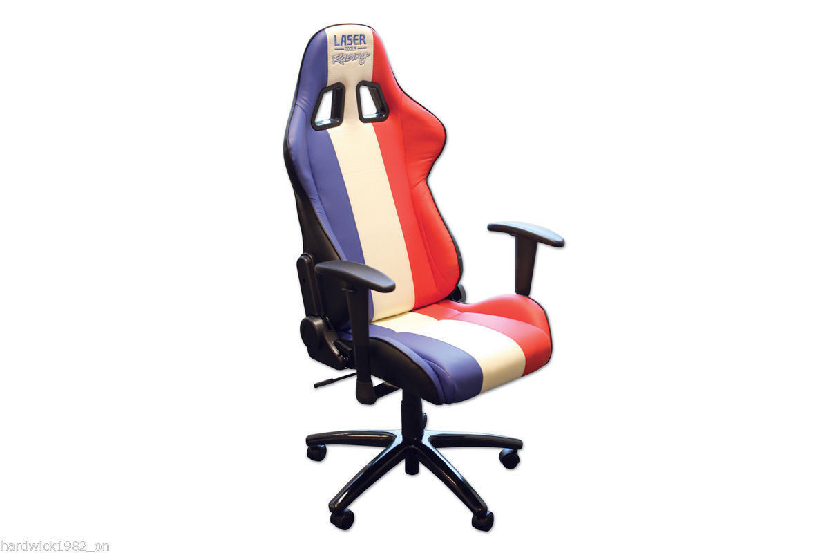 RACING CAR STYLE SWIVEL CHAIR WHEELS RED WHITE BLUE LEATHER PU COATED