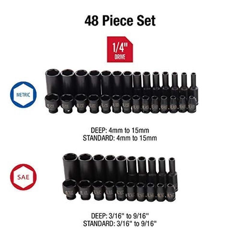 48PC 1/4 Inch Drive Master Impact Socket Set SAE/Metric 3/16 In-9/16 In 4mm-15mm