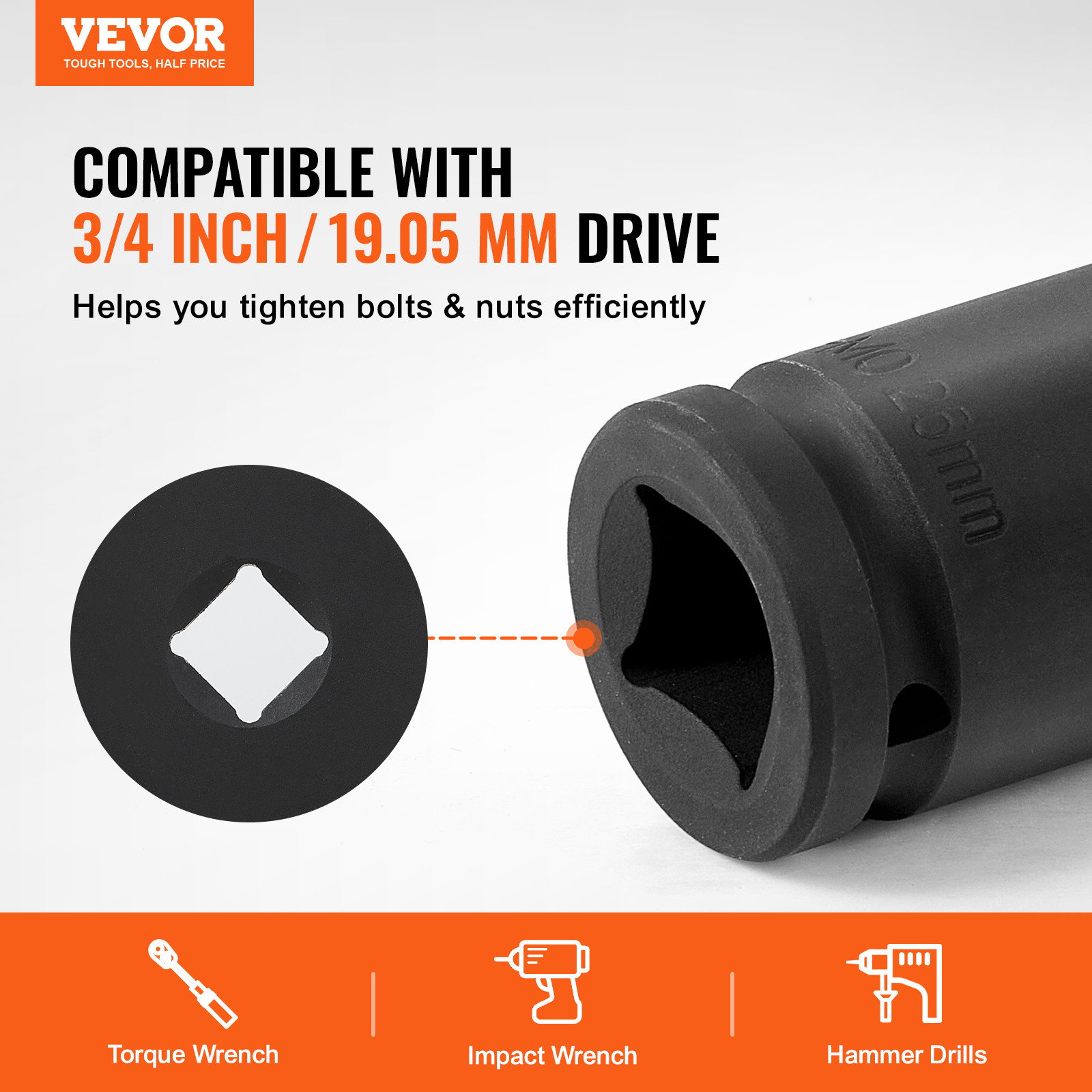 VEVOR Axle Nut Impact Socket Set 3/4″ Drive 6-Point 8PCS Metric Spindle Socket