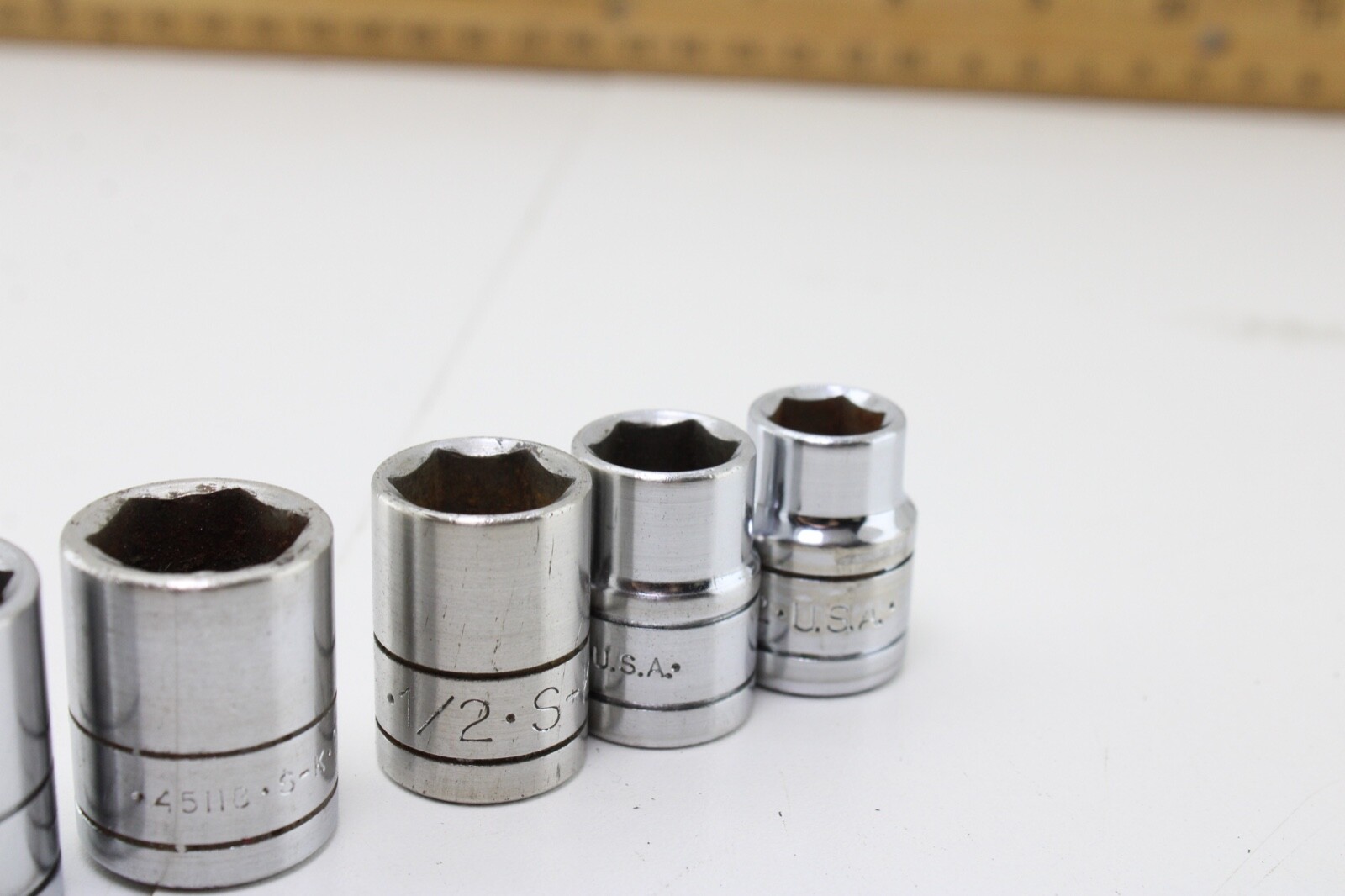 S-K Tools 45128-45112 USA 7/8″-3/8″ 9 Piece 12/6 Pt 3/8 DrSockets Good Cond