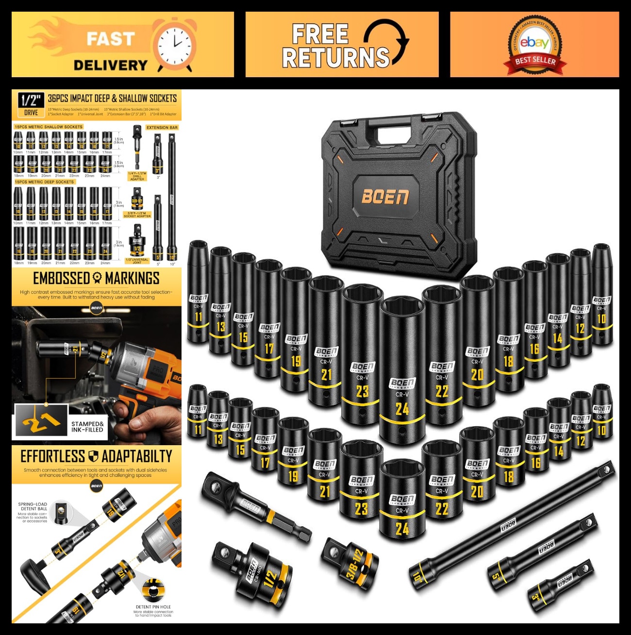 36PCS 1/2″ Drive Impact Socket Set – Metric Deep & Shallow Sockets, 6 Point, Ext