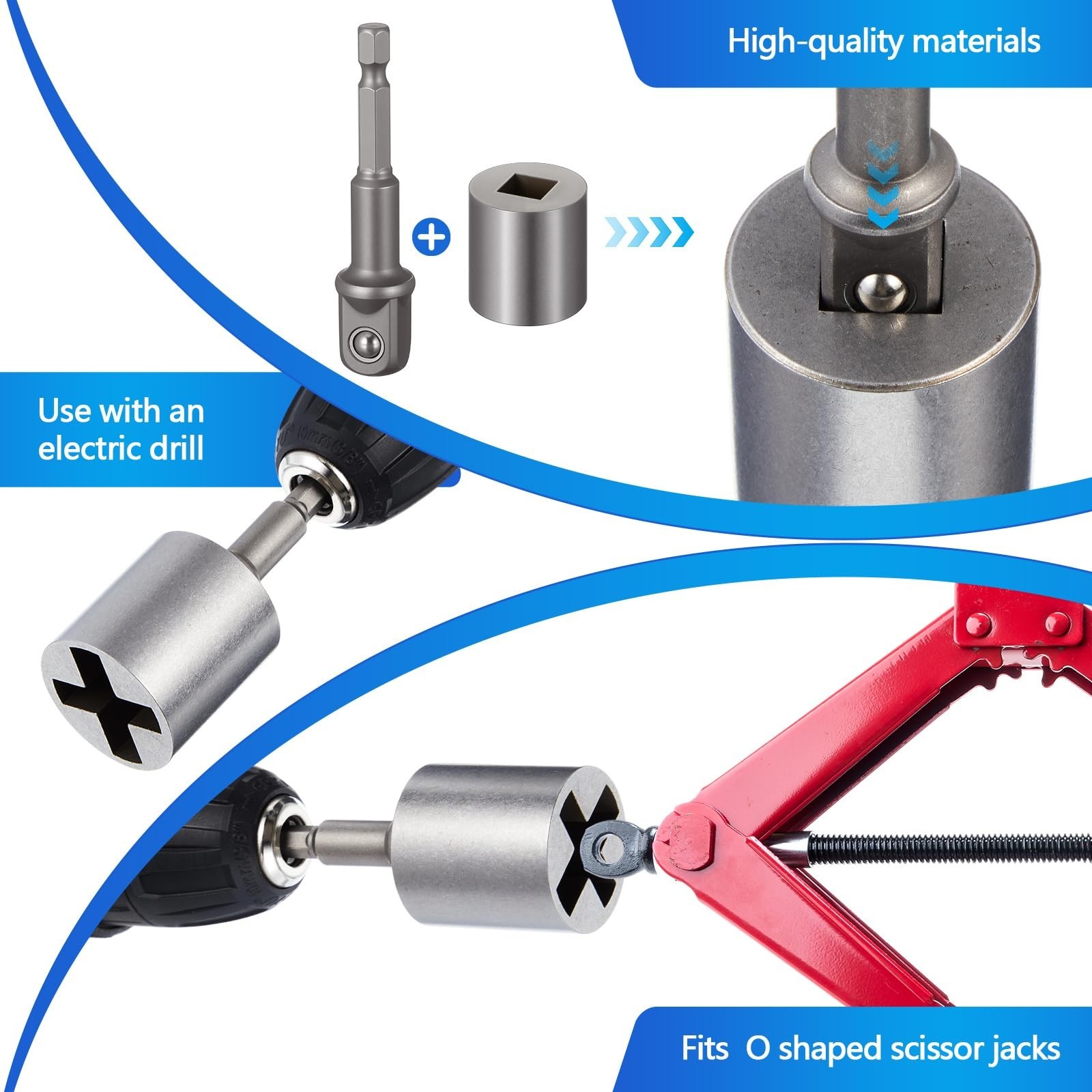 3 Pcs Heavy-Duty Scissor Jack Adapter Set for Hand Drill & Impact Wrench, 1/2″ S