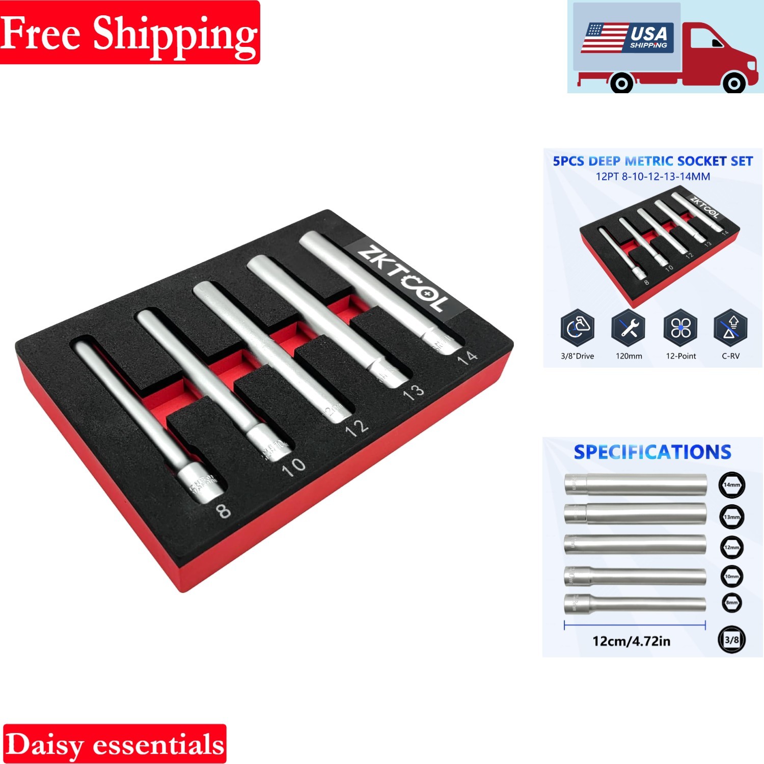 5PC Deep Metric Socket Set 3/8-Inch Drive Alloy Steel 8-14mm Extra Long 120mm