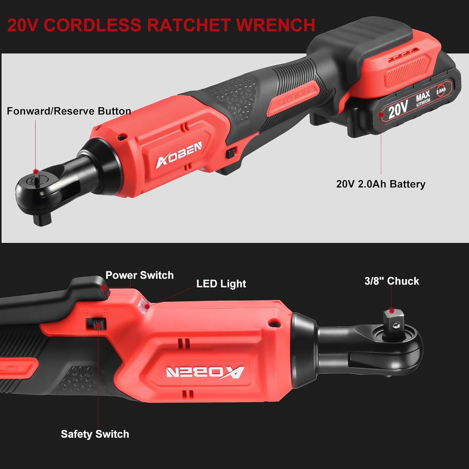 20V 3/8″ Cordless Ratchet Wrench Kit, 60 Ft-lbs Brushless Electric Power Ratchet
