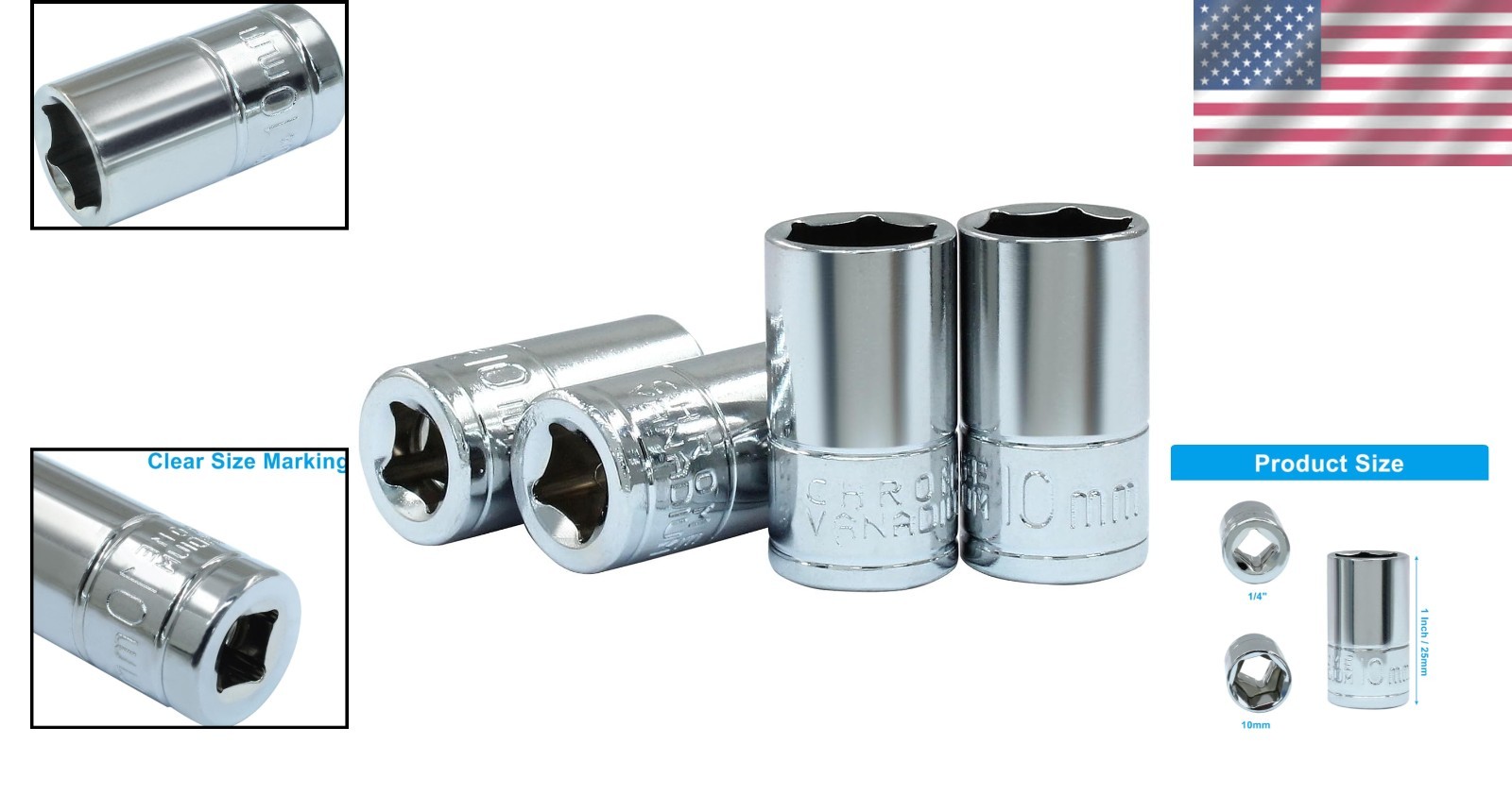 Versatile 10mm Shallow Socket Set, 4 Pcs 1/4 Drive | Superior Grip & Durability