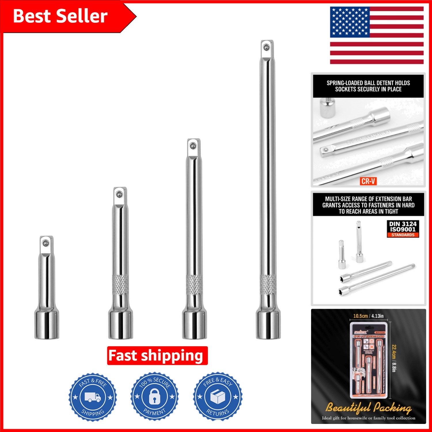 1/4″ Socket Extension Set – 4PCS Chrome Vanadium, Polished Finish – Durable Tool