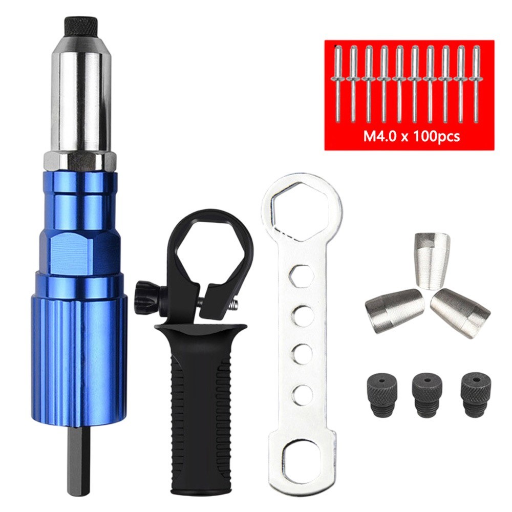 Electric Rivet Gun Adapter Cordless Drill Riveting Tool Kit w/ 100Pcs M4 Nails