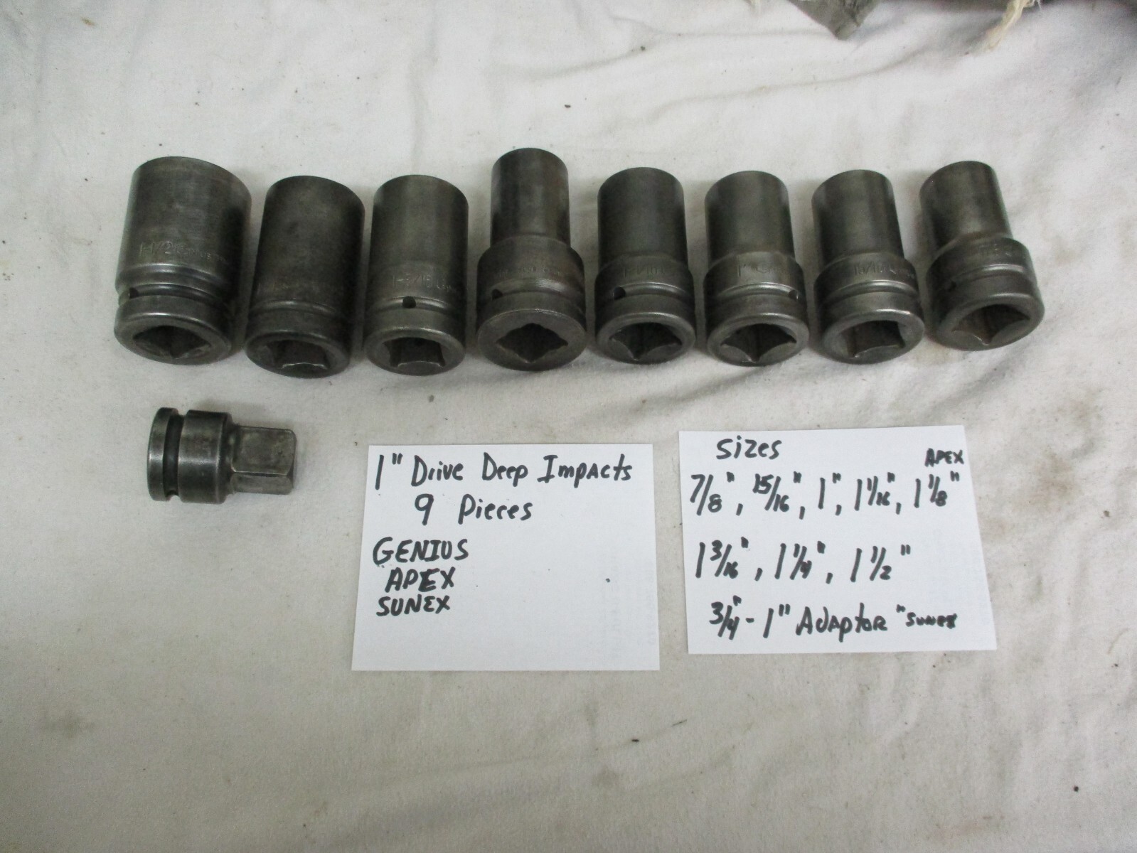 LOT of 9 Genius Tools 1″ Drive Deep Impact Sockets 6 Point SAE W/Sunex Adaptor