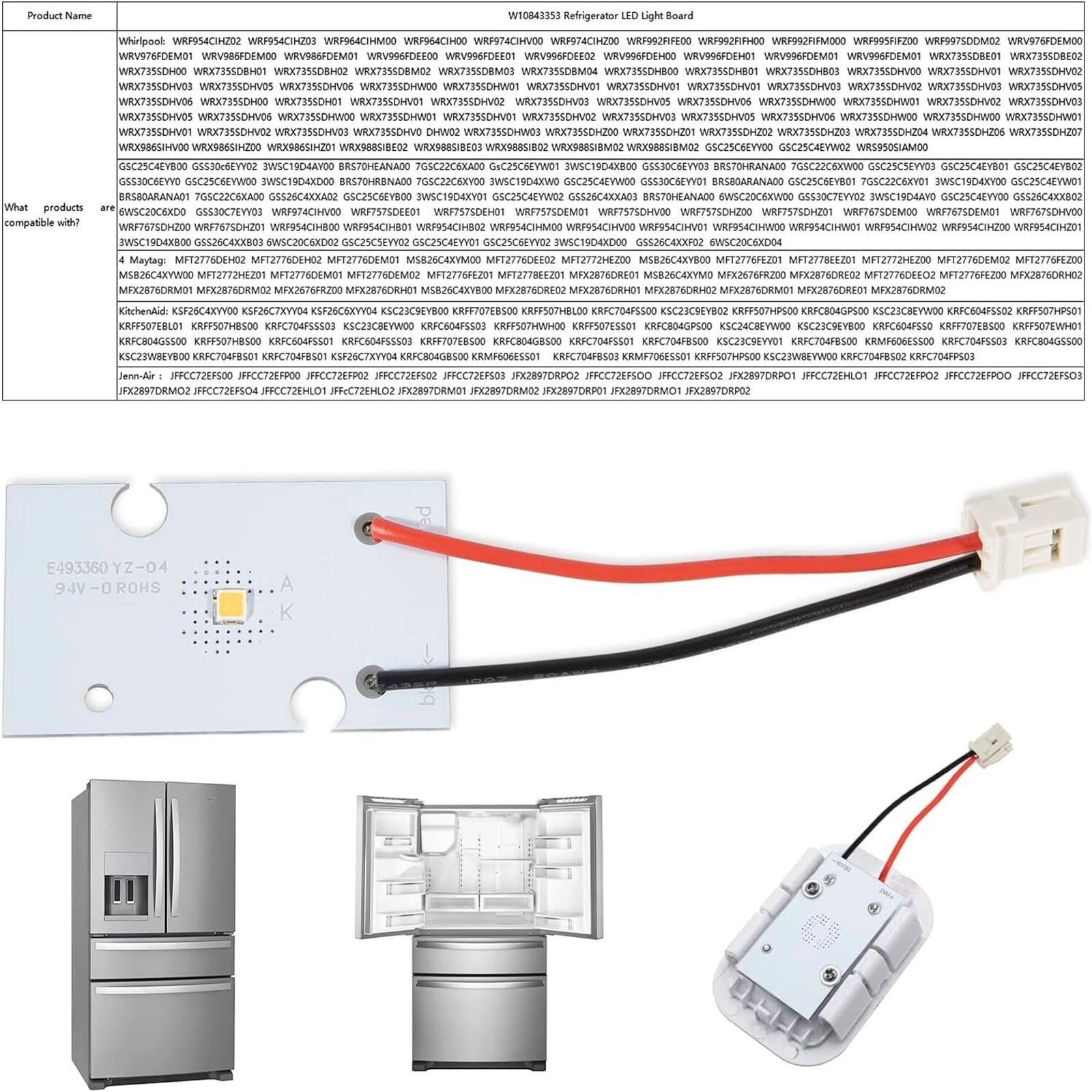 W10843353 Refrigerator LED Light Board Module for KitchenAid Maytag