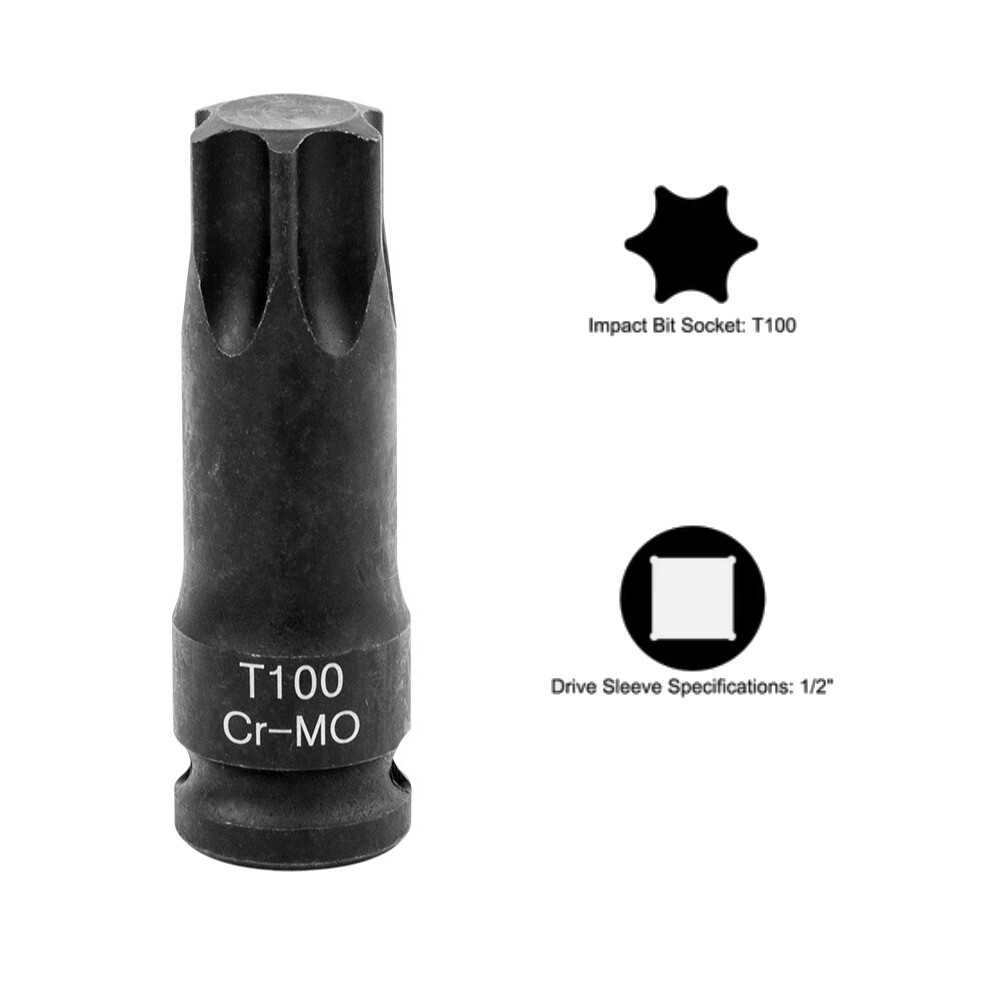 T100 Torx 6 Point Impact Bit Socket, 1/2-Inch Square Drive Screwdriver Adapter