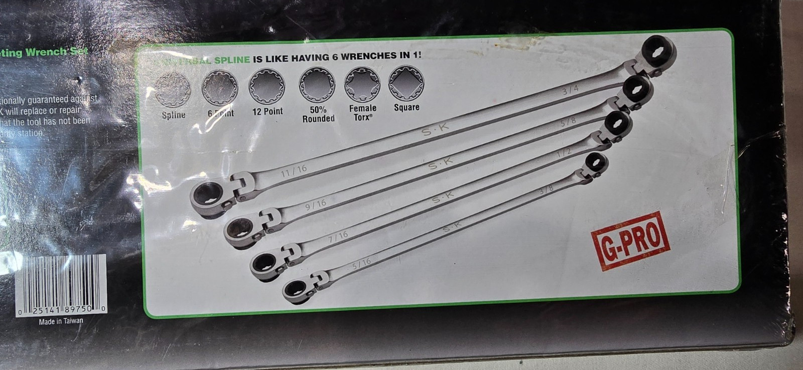 SK, 89750 G-Pro, XXL, 4 Pc, Ratchet Wrench Set, SAE, Flex Head, Universal Spline