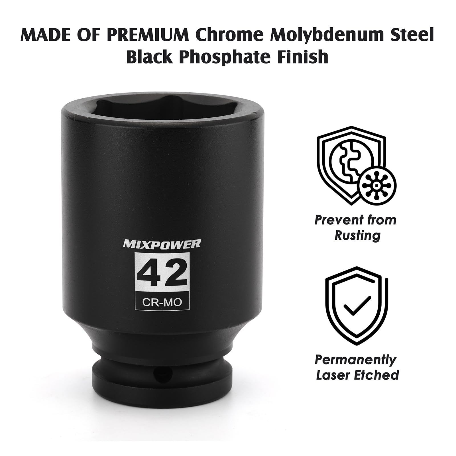 MIXPOWER 3/4″ Drive Deep Impact Socket, CR-MO, 42mm, Metric, 6 42mm