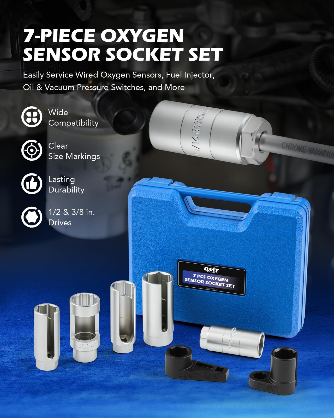 Orion Motor Tech 7pc Oxygen 22mm 27mm 29mm Sockets, Chrome, Black, Blue