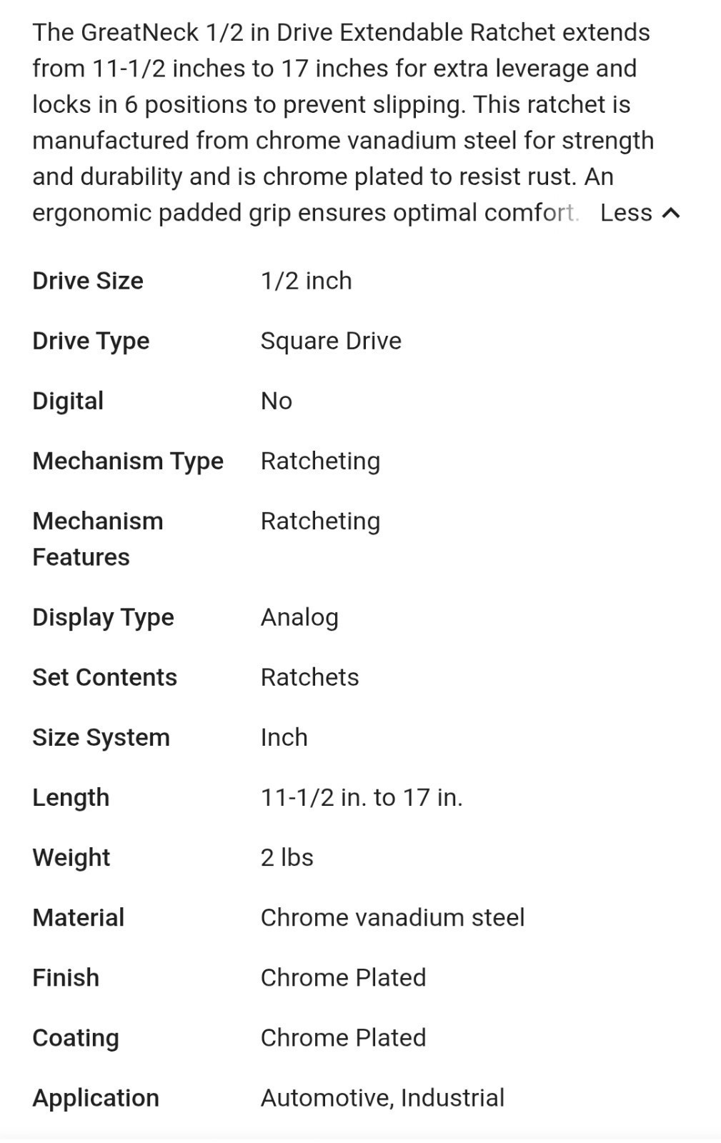 Great Neck 38021 1/2″ Drive Extendable Extending Ratchet Extends 11.5″ to 17″