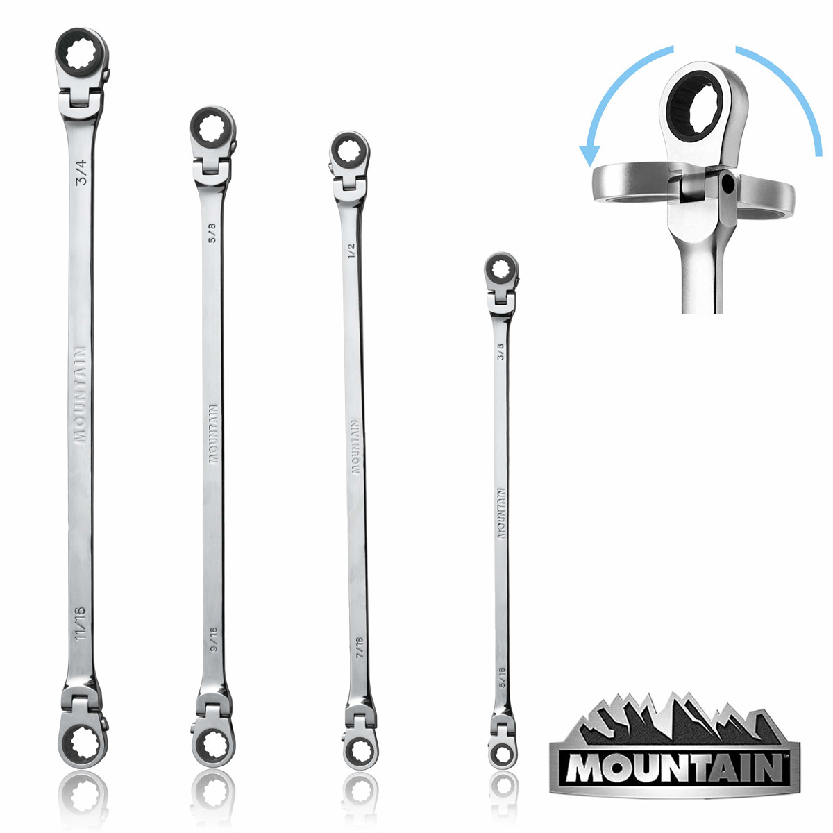 Mountain RF7 Extra Long Flexible Ratcheting Wrench Set 90 Tooth with Tray