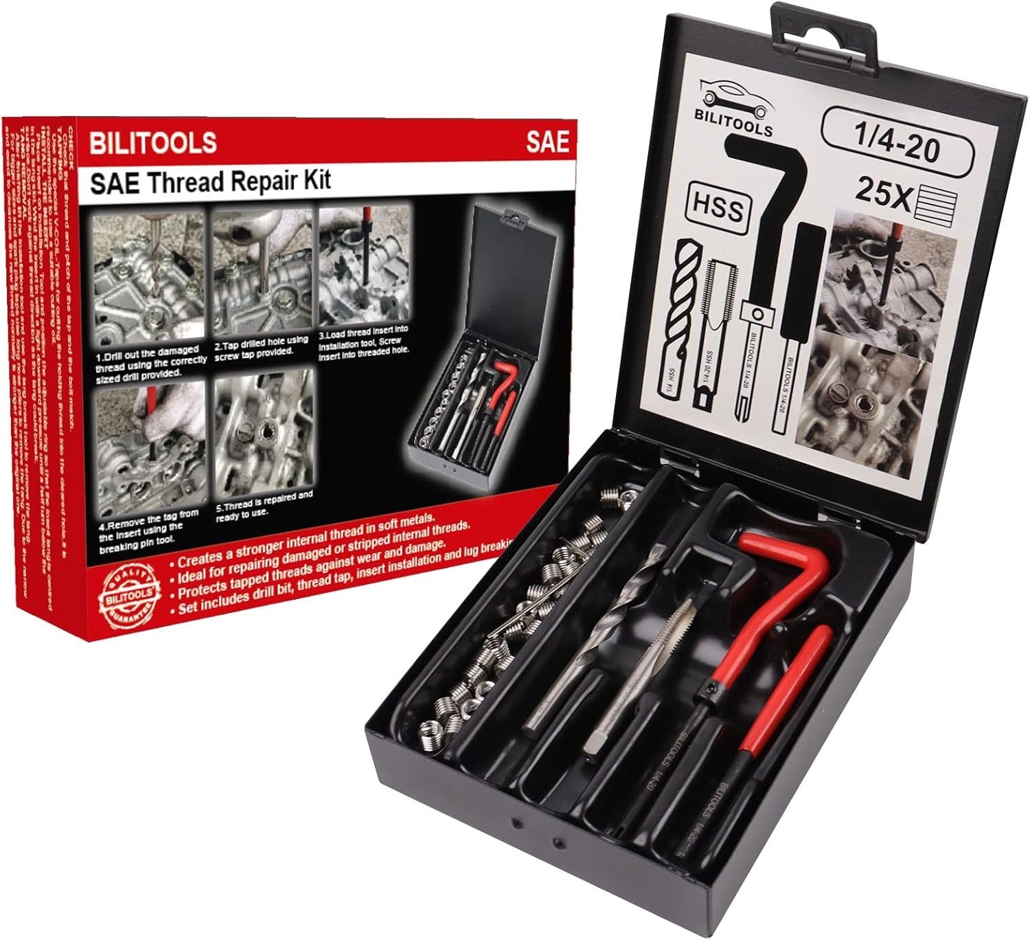 Thread Repair Kit 1/4-20 Inch SAE Helicoil HSS Drill & Inserts for Auto & Plu…