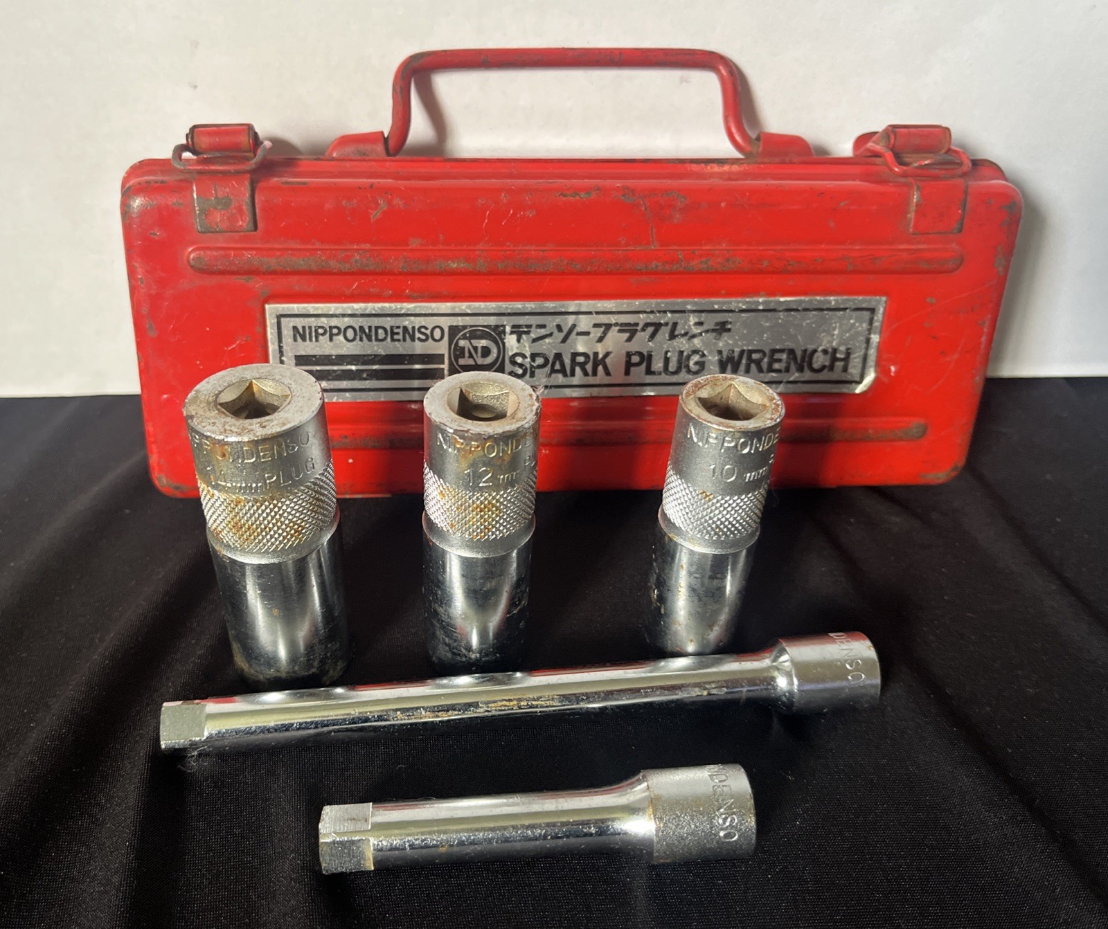 Vtg Nippondenso ND Spark Plug Wrench 5 Pc Socket Set W/Case 10mm,12mm,14mm