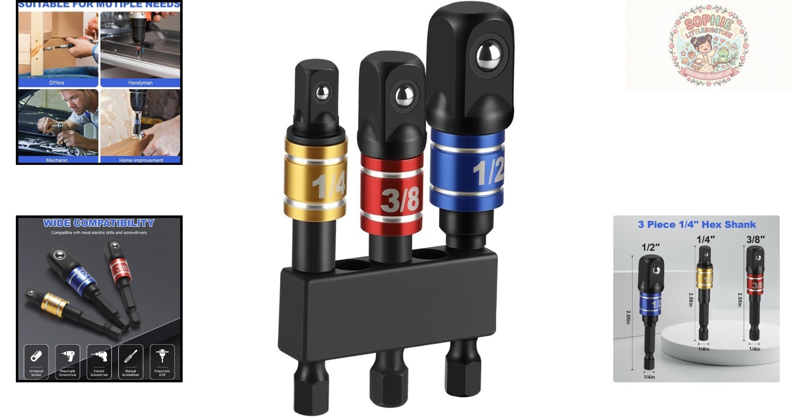 Durable Impact Socket Adapter Set – 1/4-Inch Hex Shank, Chrome Vanadium Steel