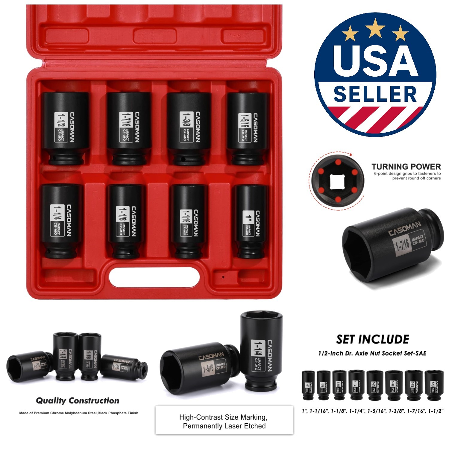 Versatile 1/2-Inch Drive Axle Nut Impact Socket Set – 8 Pieces (1