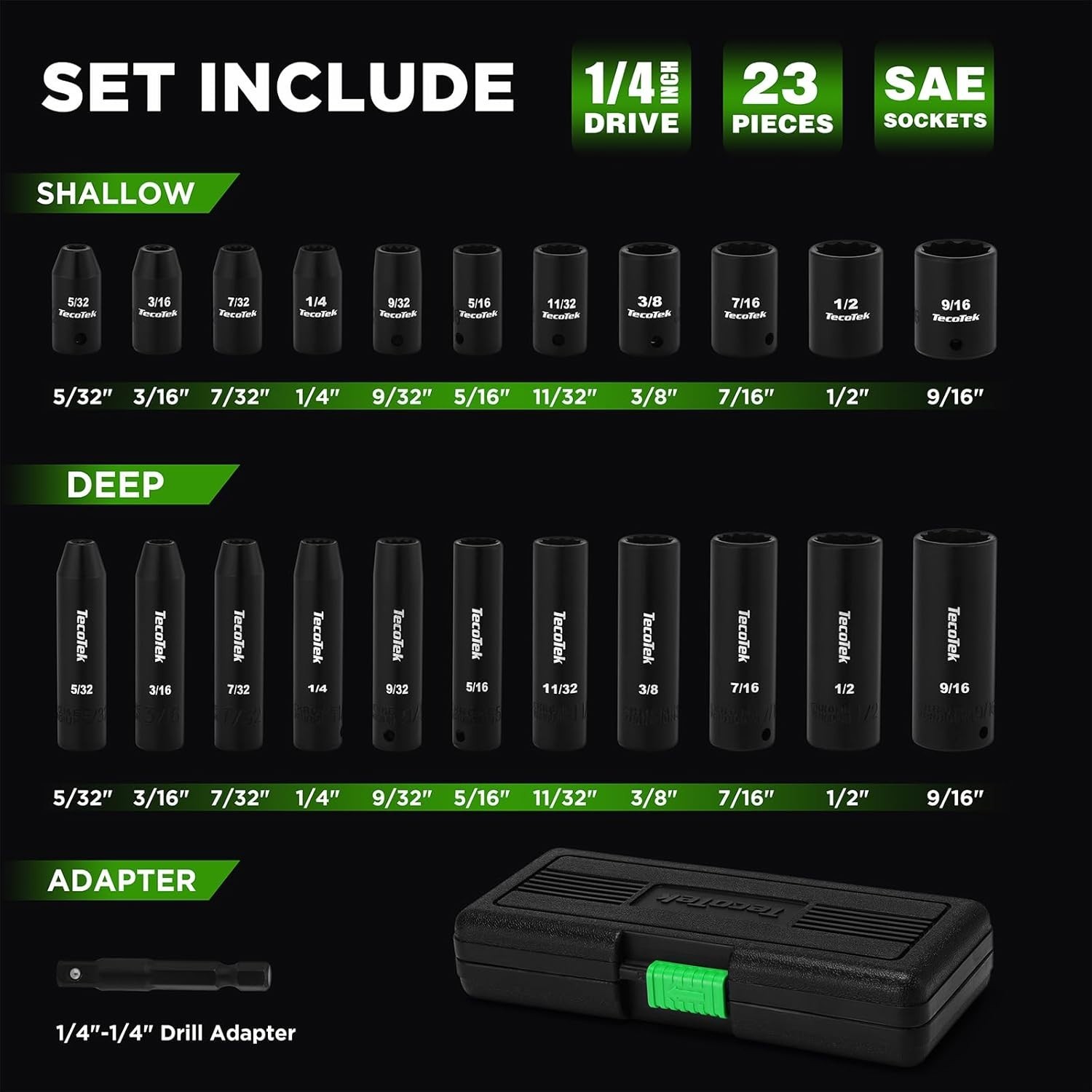 23 Pieces 1/4-Inch Drive Shallow and Deep 12-Point Impact Socket Set, CR-V, 5…