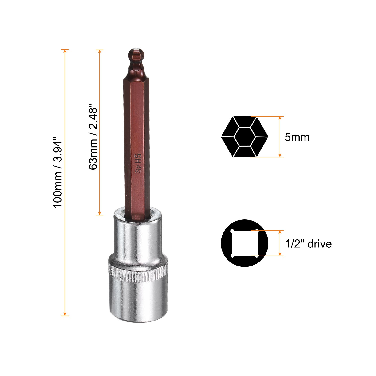 1Pcs 5mm Ball End Hex Bit Socket 1/2″ Square Drive Metric Extension Impact Bit