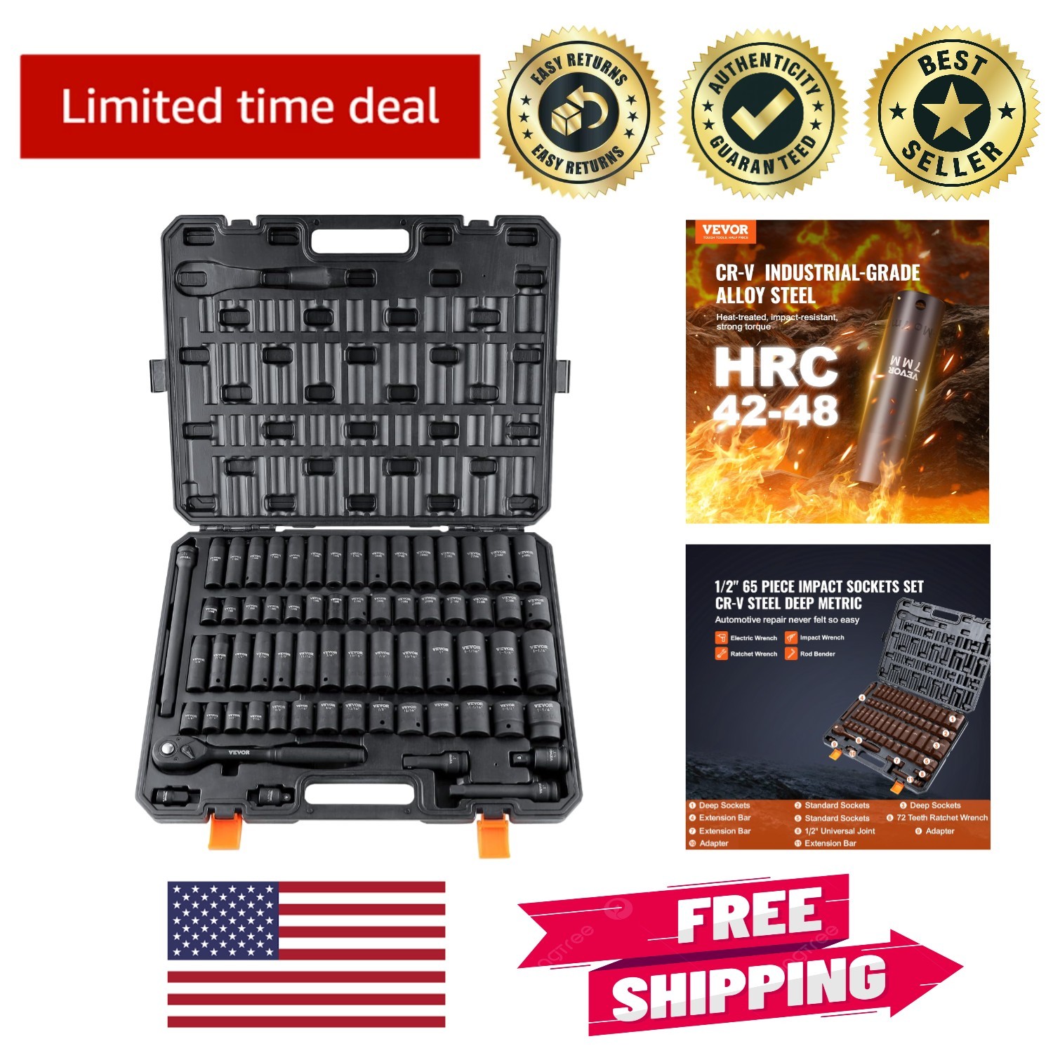 65-Piece 1/2″ Drive Impact Socket Set in Chrome Vanadium Steel for Auto Repair
