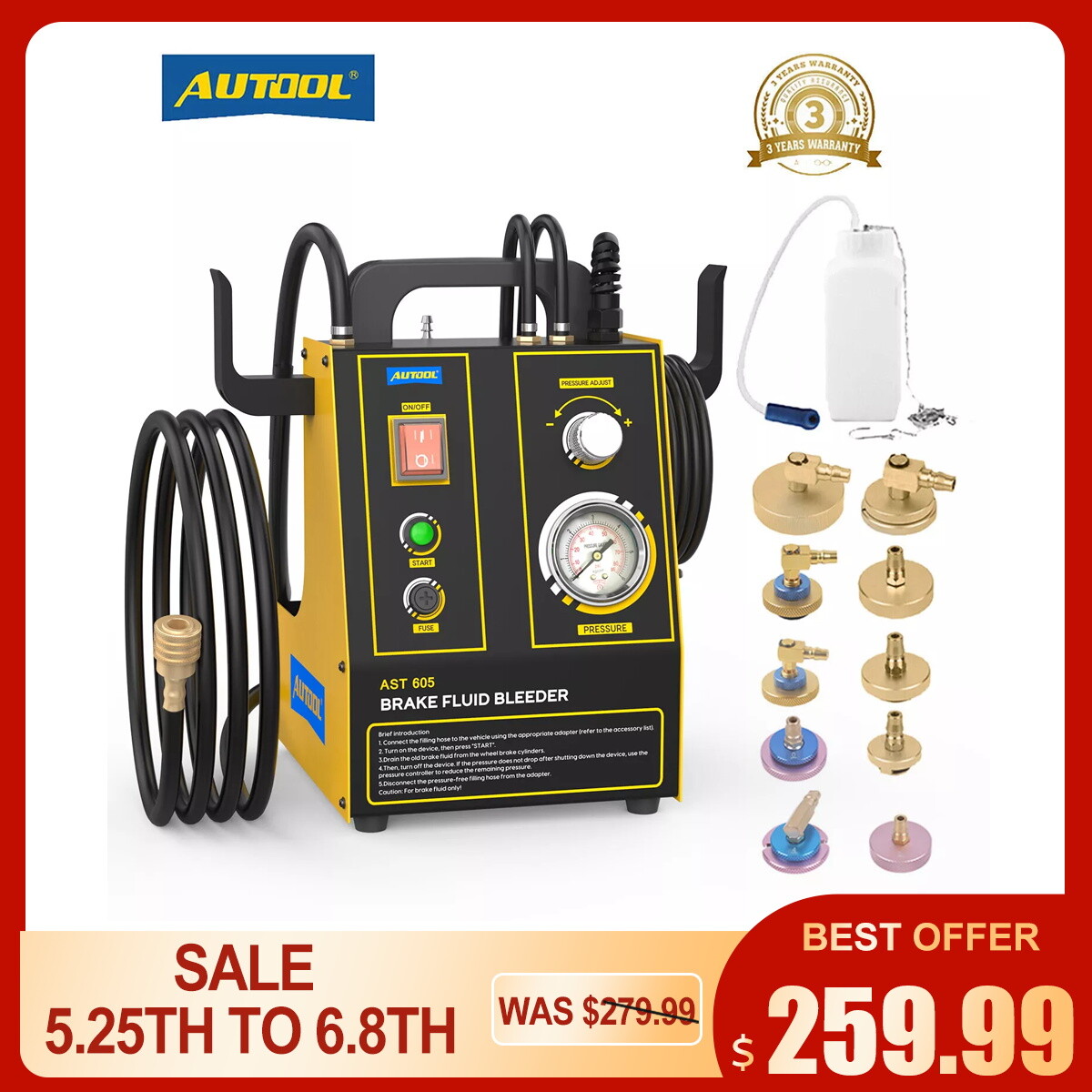 Electric Brake Fluid Bleeder Machine Bleeding Vacuum Pressure w/ 10 pcs Adapter