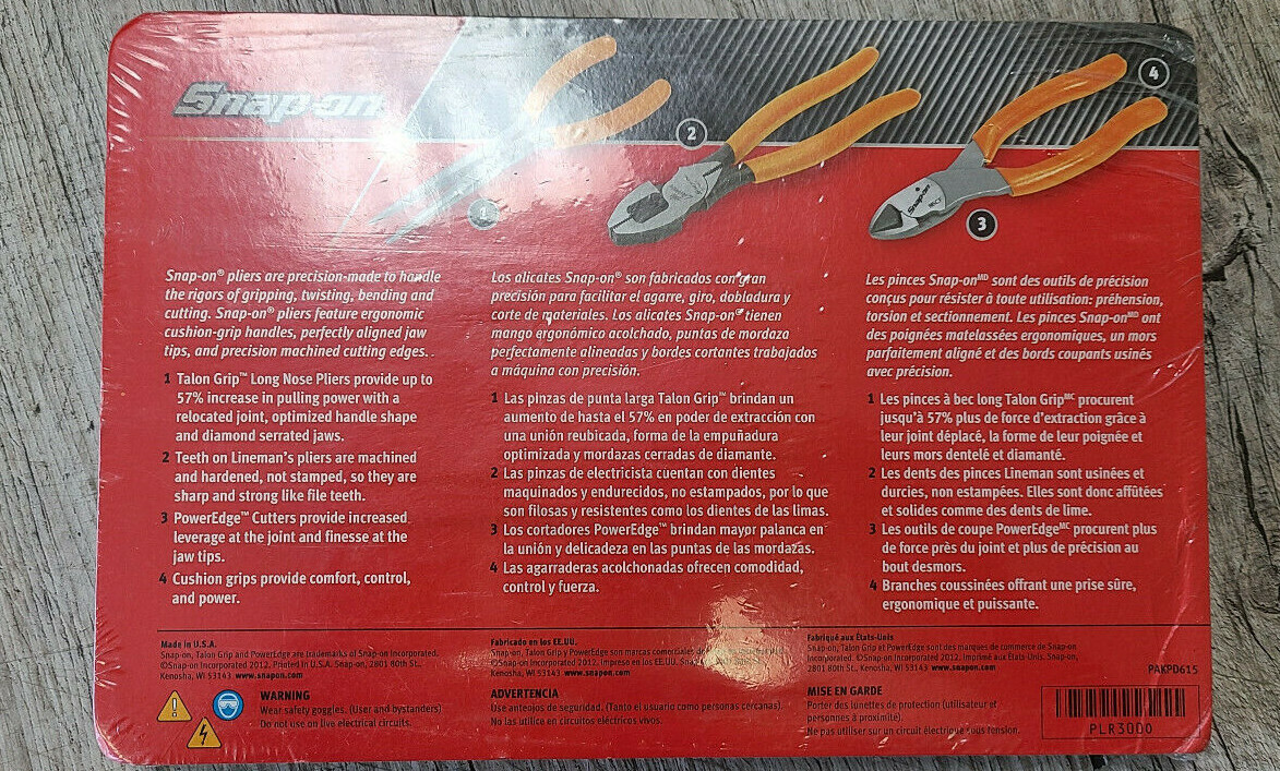 Snap-On ™ Tools 3 Piece Pliers Orange PLR300O New Sealed 57AHLPO 86ACFO 97ACFO