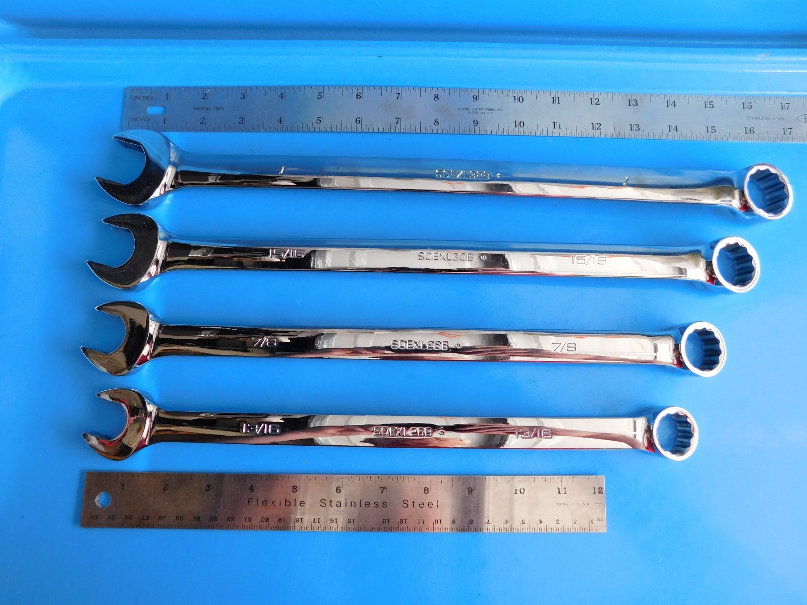 NEW,SNAP ON 13/16, 7/8, 15/16,&1 IN.EXTRA LONG FLANK DRIVE PLUS WRENCHS,LOT OF 4