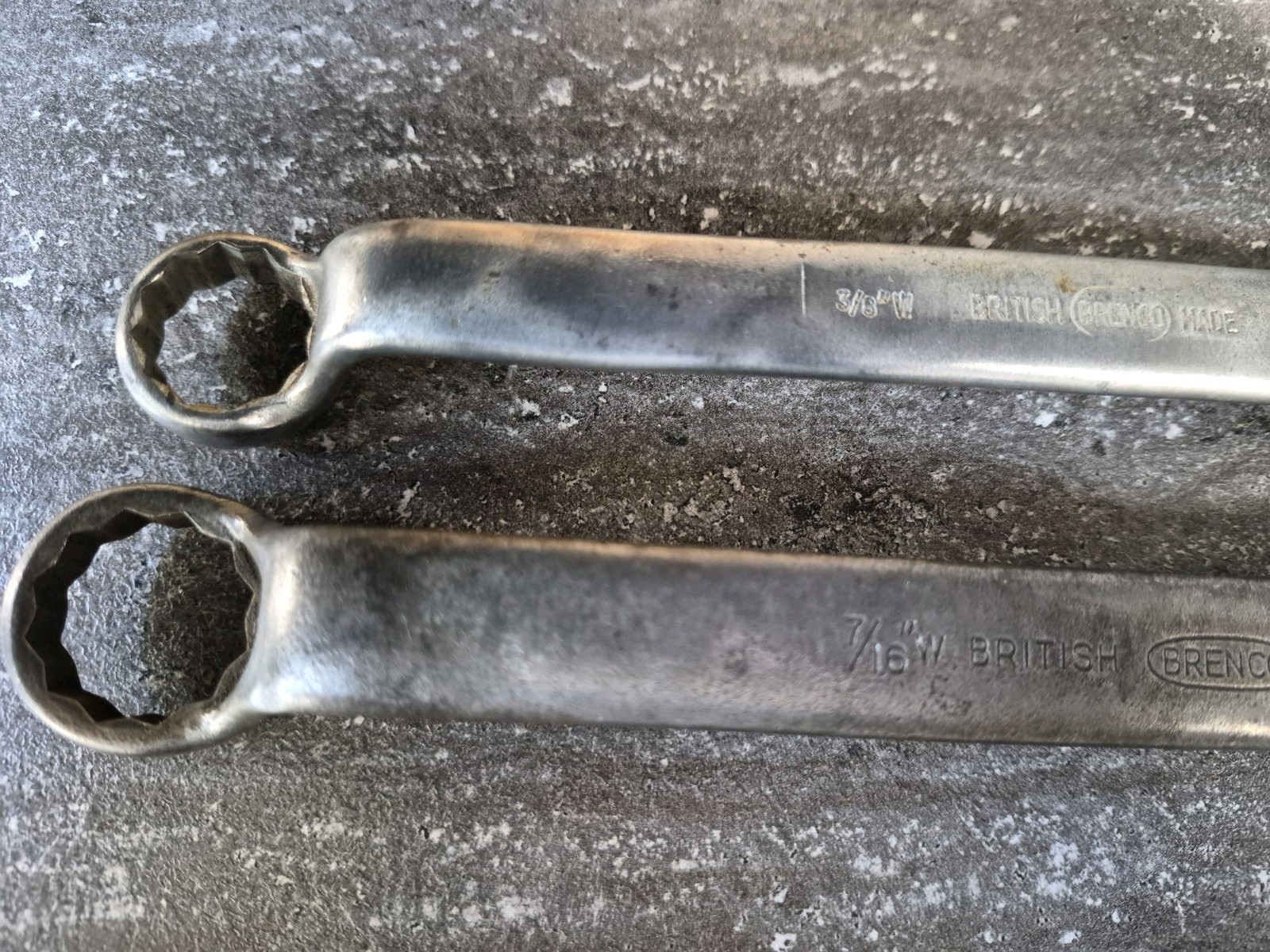 Pair of Vintage ‘BRENCO’ Whitworth Ring Spanners. 1/2 & 7/16. 7/16 & 3/8. VGC UK
