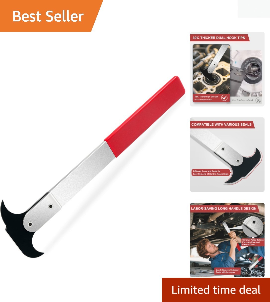 Versatile Dual Hook Oil Seal Remover for Automotive Repairs, Heat-Treated Steel
