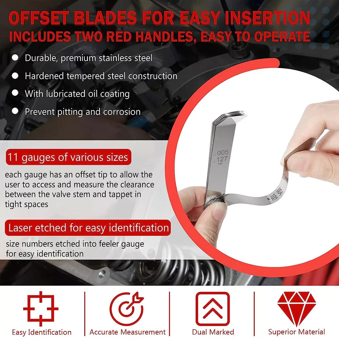 A308 Offset Valve Tappet Gauge 11-Blade Feeler Gauge Kit Sizes 0.004″ to 0.014″