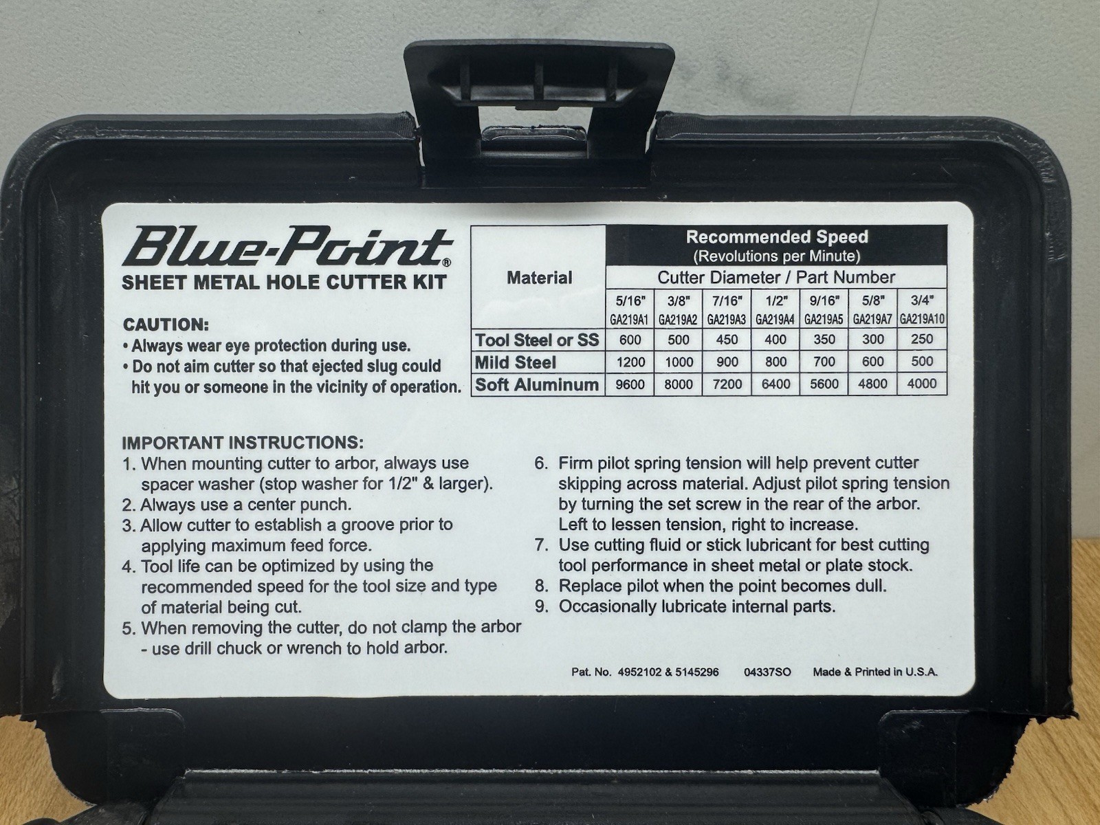 Blue-Point by Snap-on Sheet Metal Hole Cutter Kit # GA219B – Hole Cutter & Arbor