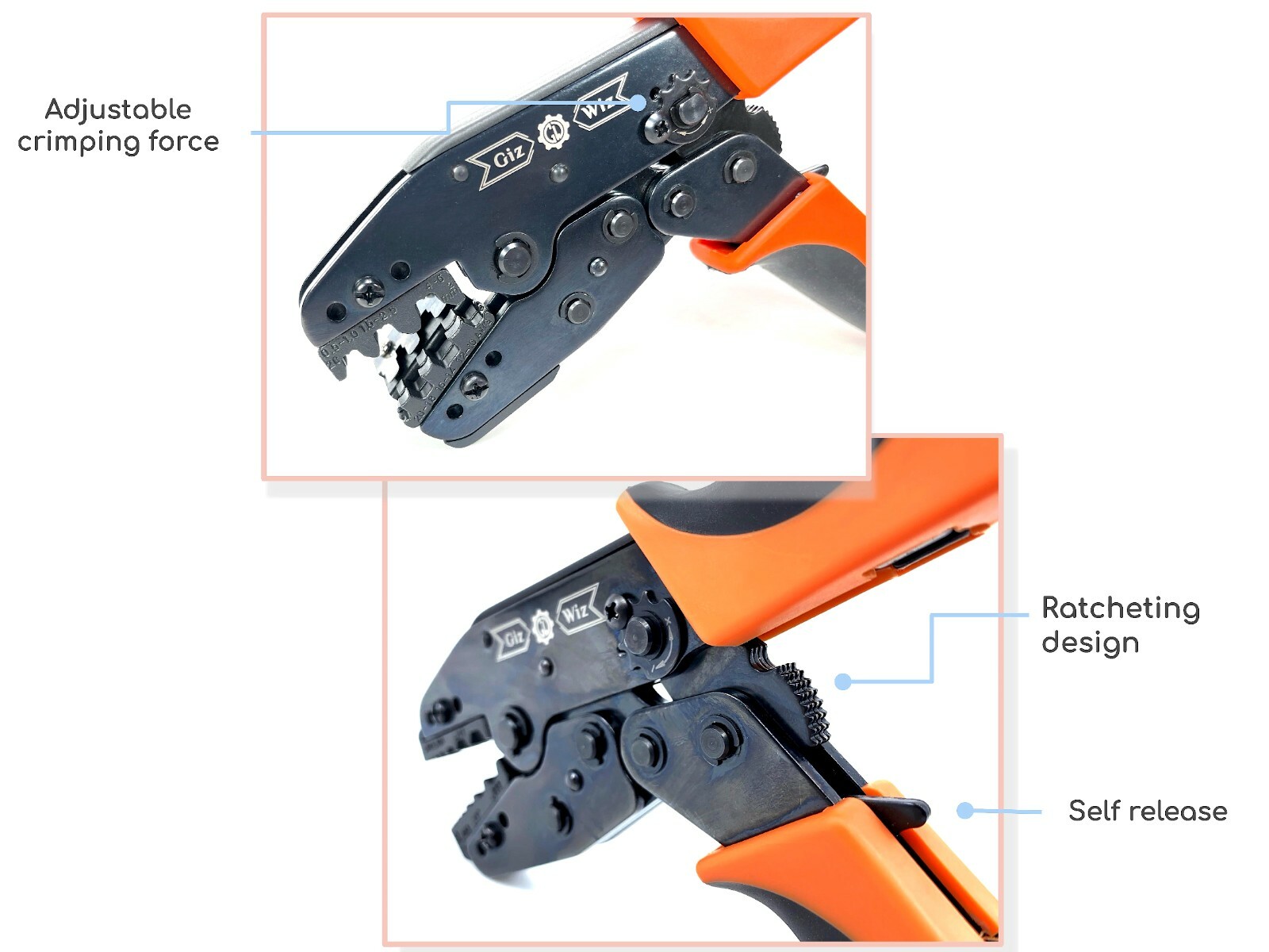 GIZWIZ Non-insulated Open Barrel Wire Terminal Crimp Tool With Tab Locator
