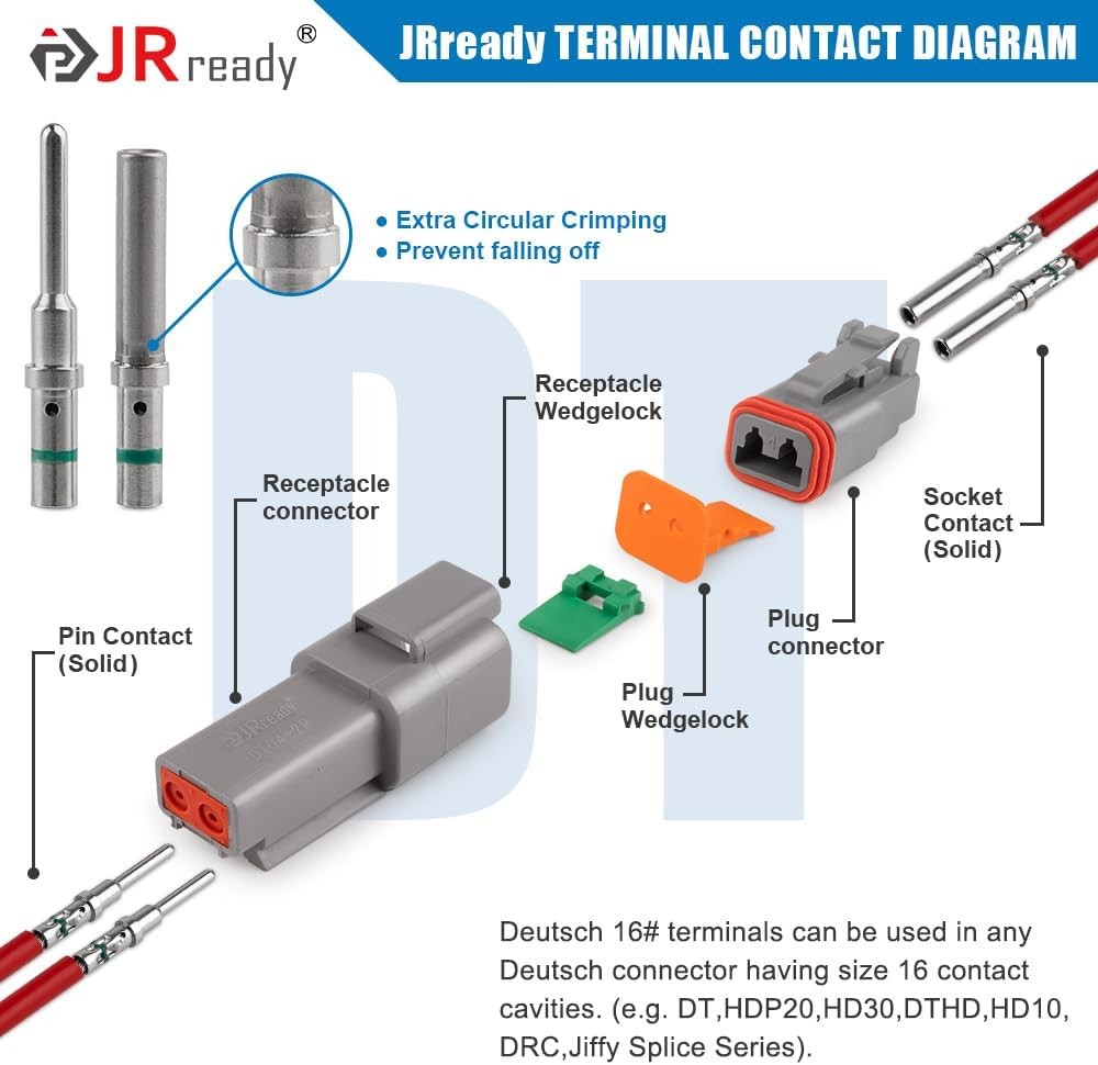 JRready Deutsch Connector 2 Pin Kits with Size 16 DT-2Pin 5Pairs