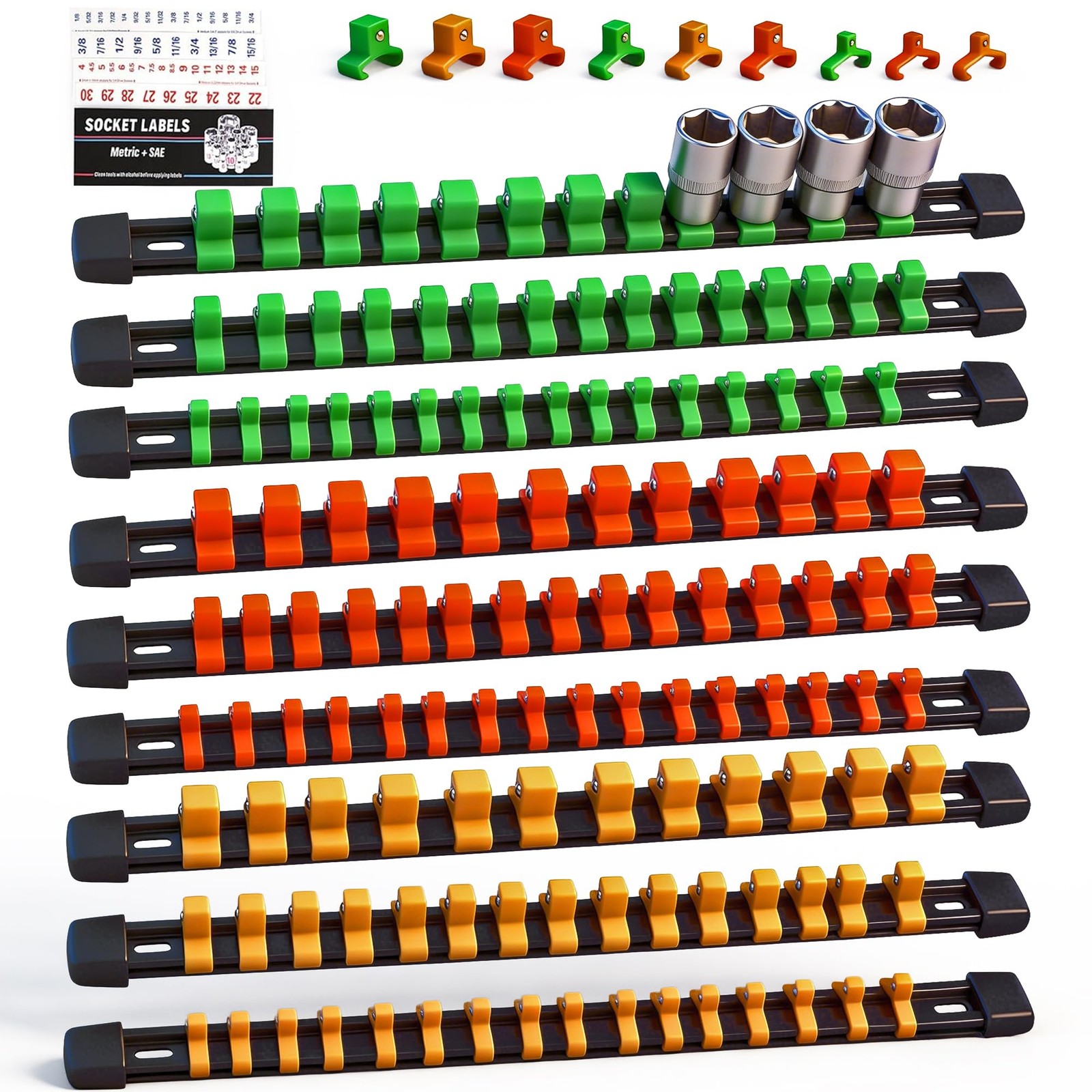 SWANLAKE Organizer Socket Holder, 9PCS 1/4-Inch 9 PCS, Yellow, Green, Orange